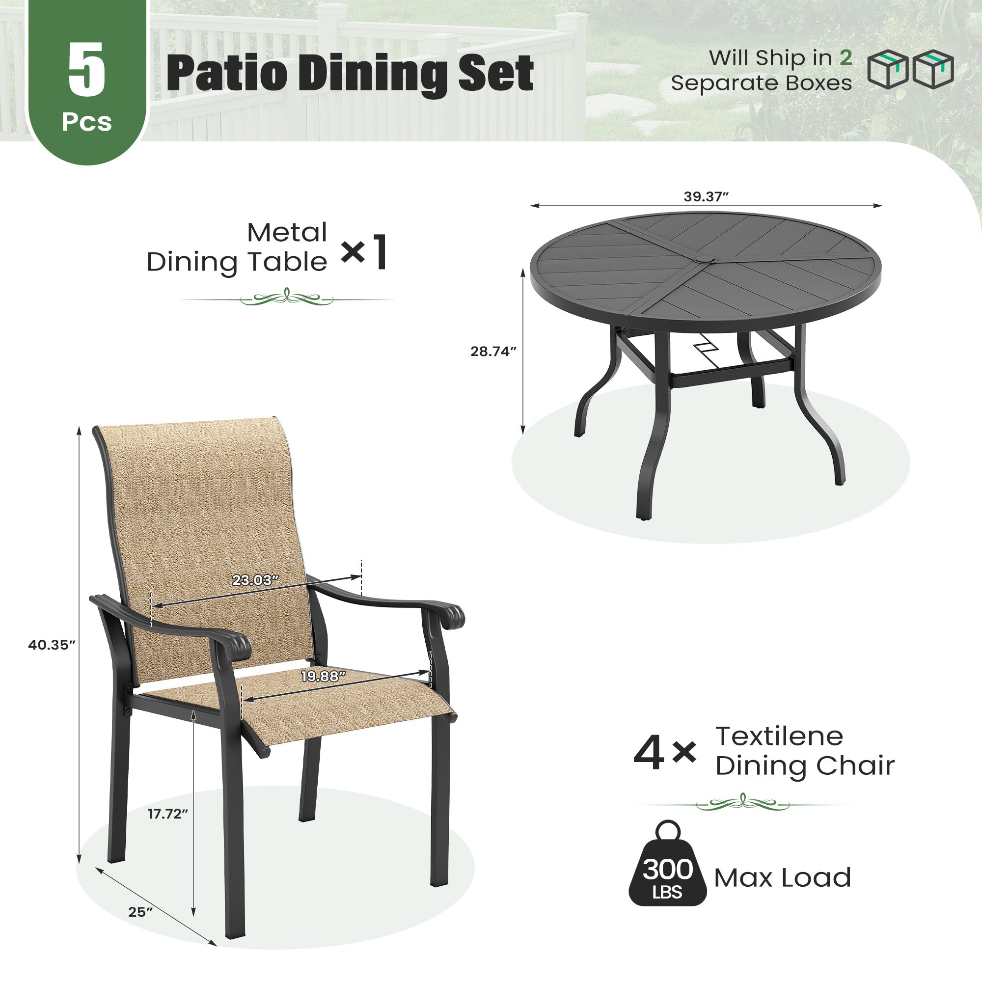 UDPATIO 5 Piece Patio Dining Set for 4, Patio Outdoor Table and Chairs, 39" Black Round Table with Umbrella Hole, Brown Patio Chairs, Patio Dining Set Outdoor Dining Set for Lawn, Backyard, Deck