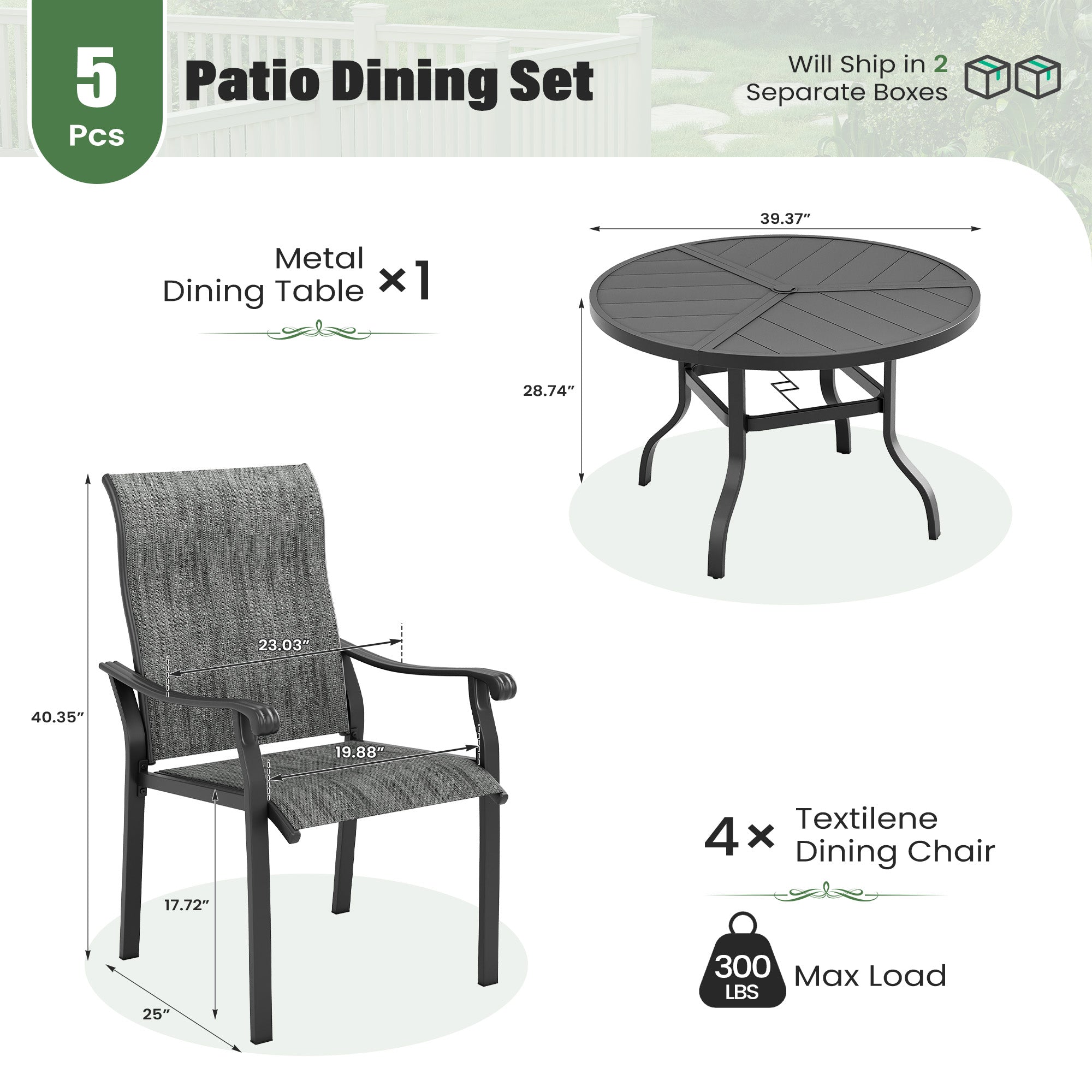 UDPATIO 5 Piece Patio Dining Set for 4, Patio Outdoor Table and Chairs, 39" Black Round Table with Umbrella Hole, Gray Patio Chairs, Patio Dining Set Outdoor Dining Set for Lawn, Backyard, Deck