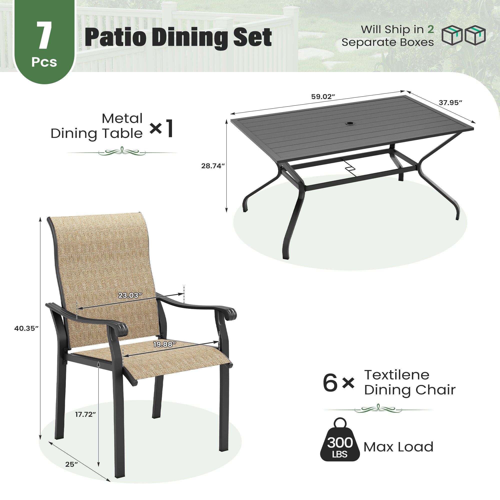 UDPATIO 7 Piece Patio Dining Set for 6, Patio Outdoor Table and Chairs, 59"×38" Black Table with Umbrella Hole, Brown Patio Chairs, Patio Outdoor Dining Set for Lawn, Backyard, Deck