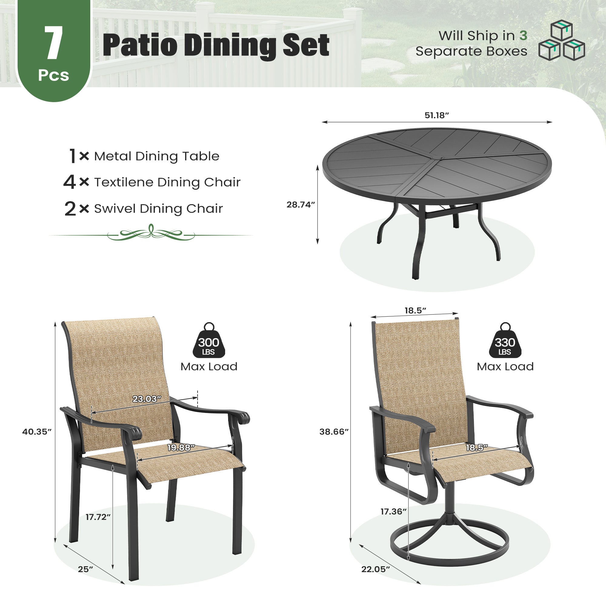 UDPATIO 7 Piece Patio Dining Set for 6, Patio Outdoor Table and Chairs, 51" Black Round Table with Umbrella Hole, Brown Patio Chairs, Patio Dining Set Outdoor Dining Set for Lawn, Backyard, Deck