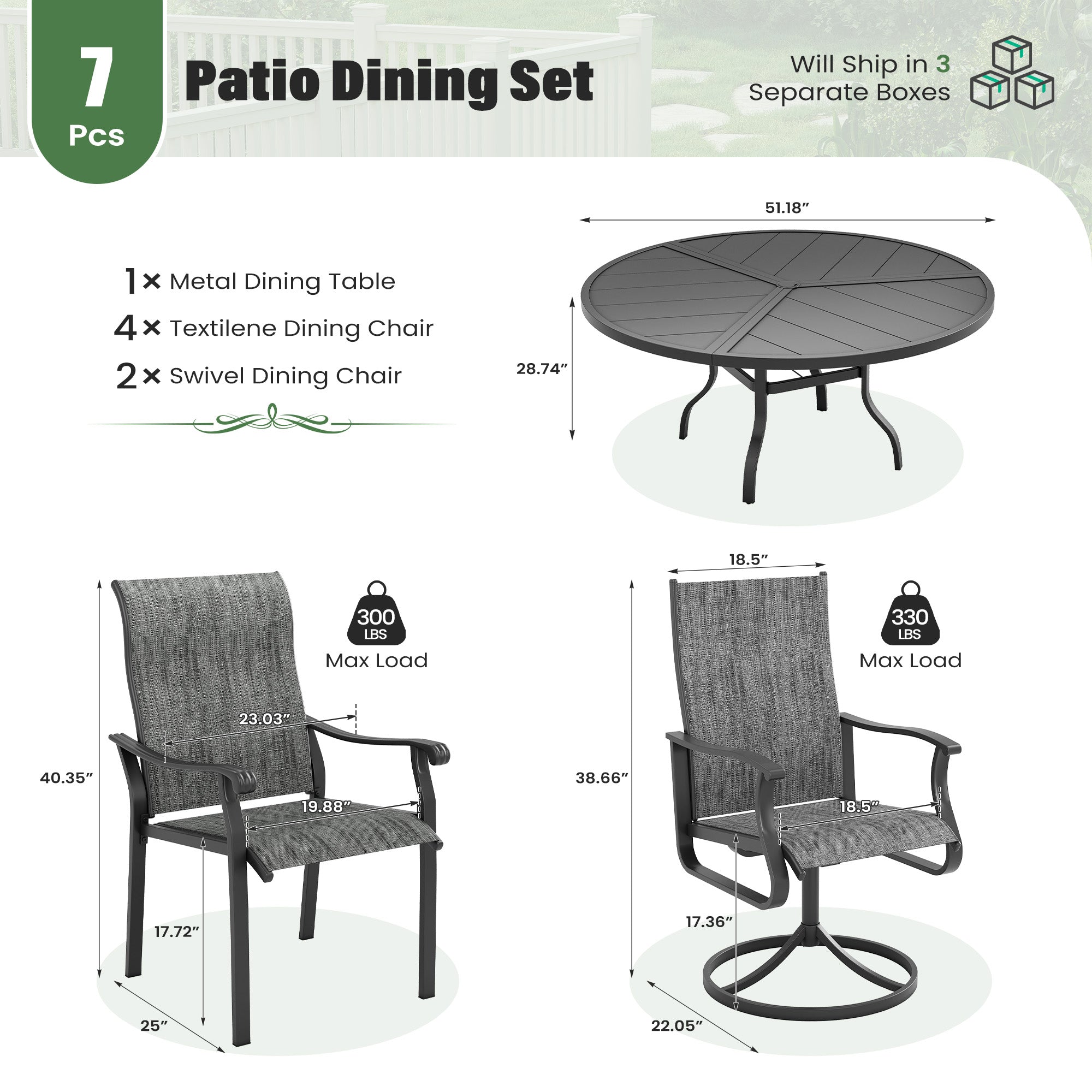 UDPATIO 7 Piece Patio Dining Set for 6, Patio Outdoor Table and Chairs, 51" Black Round Table with Umbrella Hole, Gray Patio Chairs, Patio Dining Set Outdoor Dining Set for Lawn, Backyard, Deck