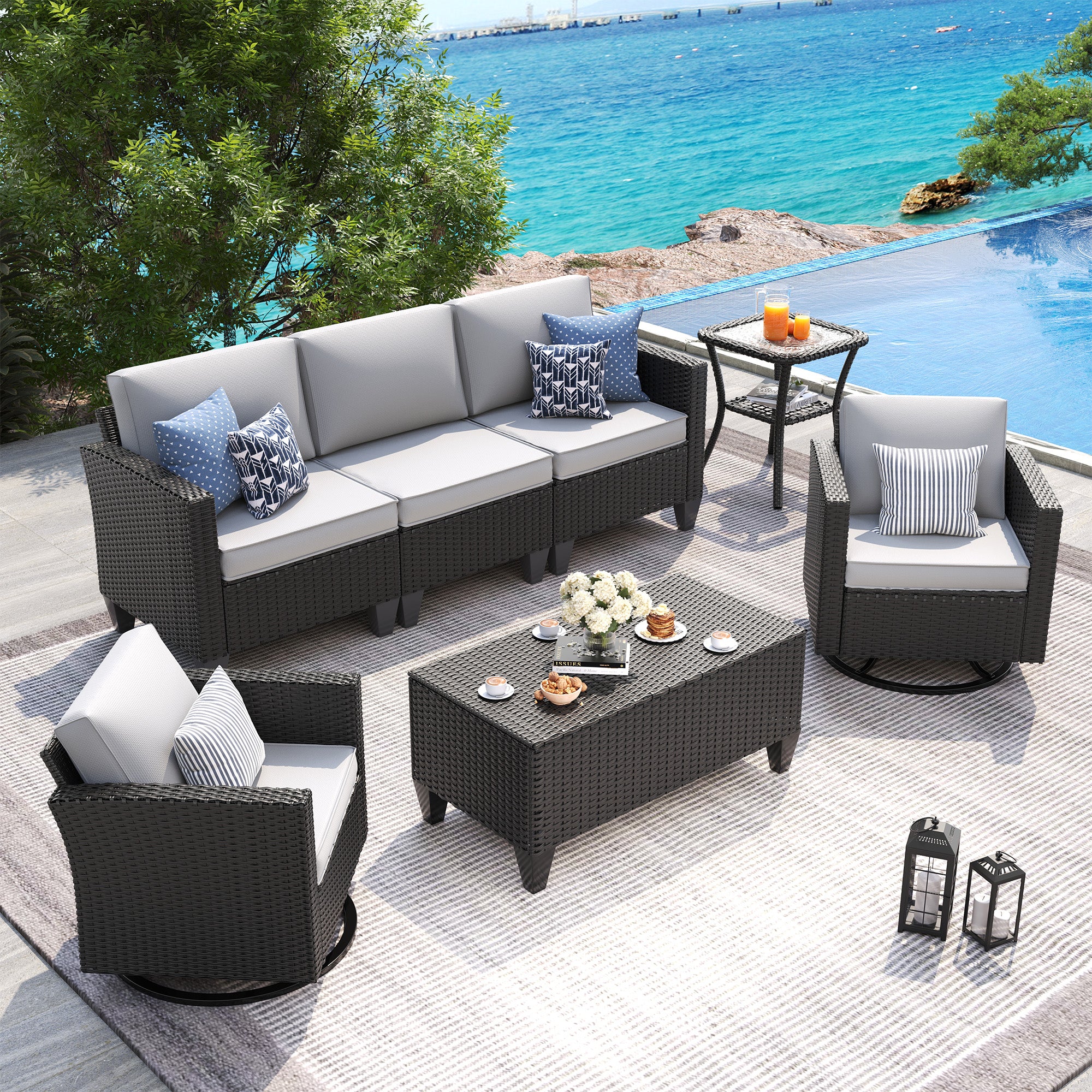 UDPATIO Patio Furniture Set, 5 Pieces Outdoor Conversation Sets with Rocking Swivel Chairs, Wicker Rattan Outdoor Sofa Set with Storage Table and Waterproof Covers for Backyard, Deck, Light Grey