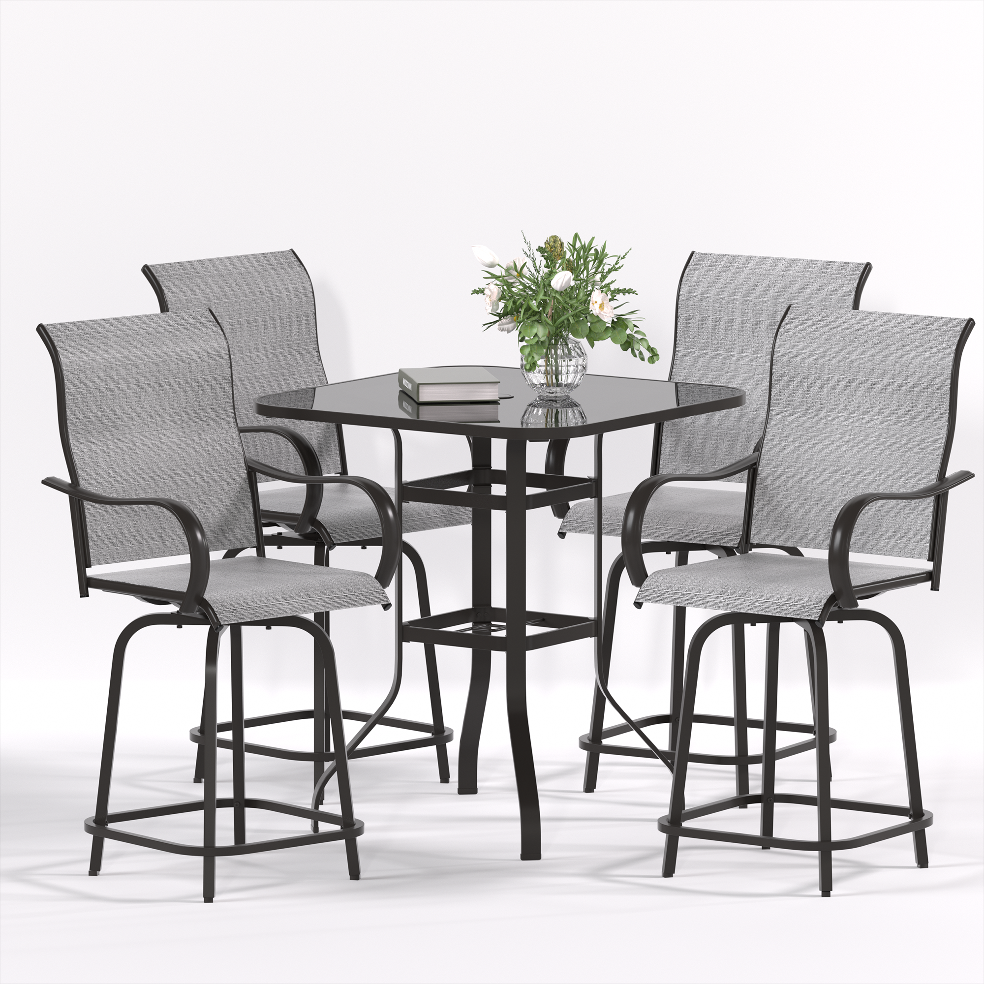 UDPATIO 5 Piece Patio Swivel Bar Set, Outdoor Mental Textilene High Swivel Bar Stools Chair Set of 4 and Bar High Glass Bar Table, Outdoor High Top Bistro Set for Lawn Garden, Balcony