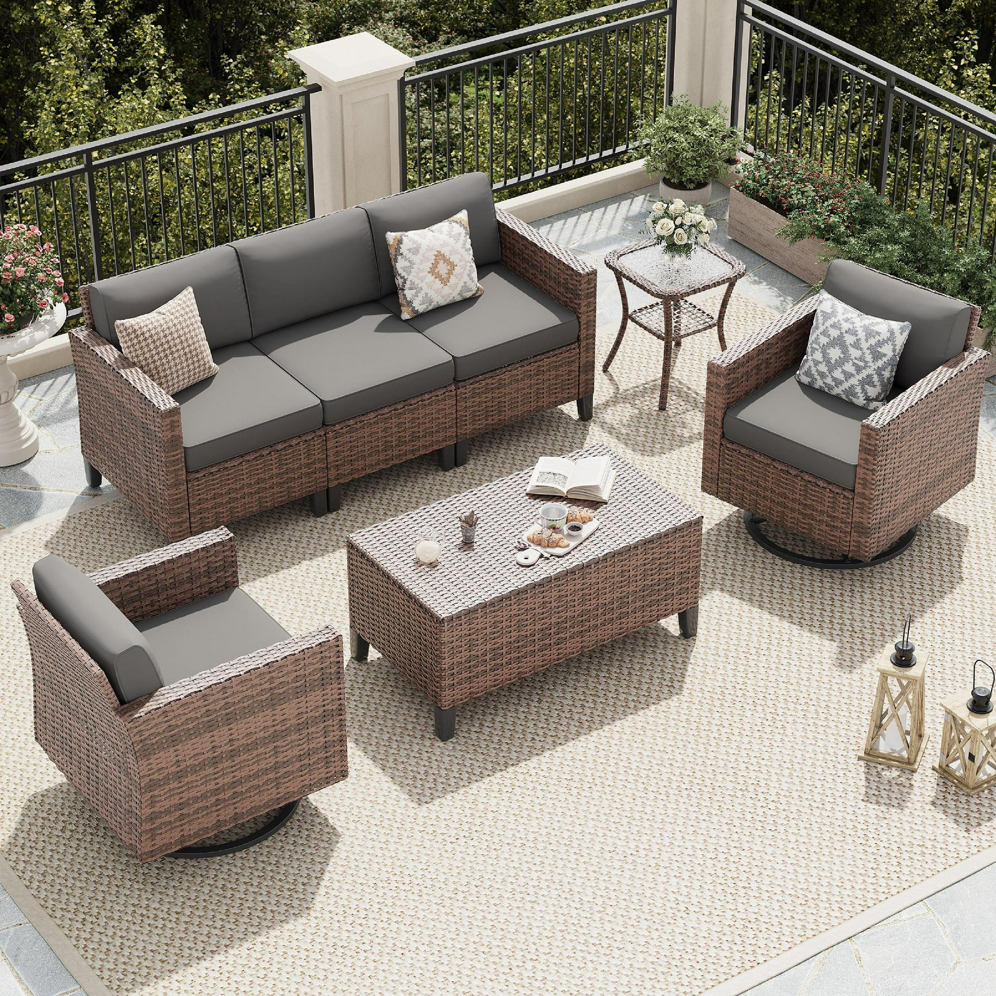 UDPATIO Patio Furniture Set, 7 Pieces Outdoor Furniture Sets with Rocking Swivel Chairs, Wicker Rattan Outdoor Conversation Set with Storage Table and Waterproof Covers for Backyard, Deck, Porch