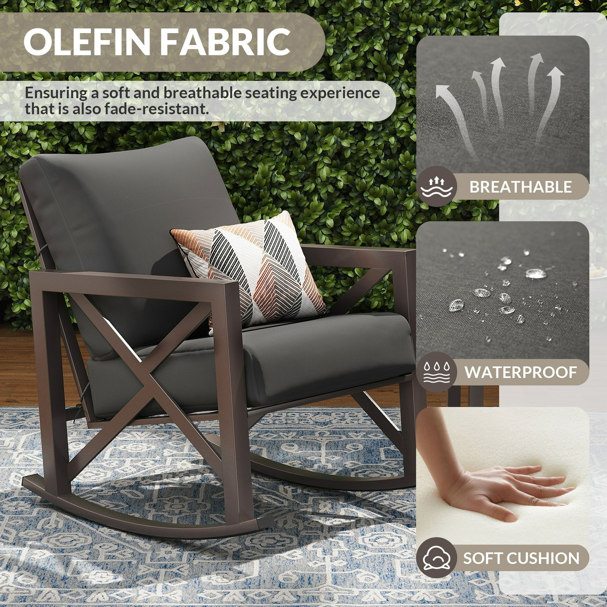 UDPATIO Rocking Chair Bistro Set, 3 Piece Outdoor Patio Furniture Set with 2 Rockers and 1 Metal Coffee Table with Thick Cushions for Porch, Backyard, Poolside, Grey