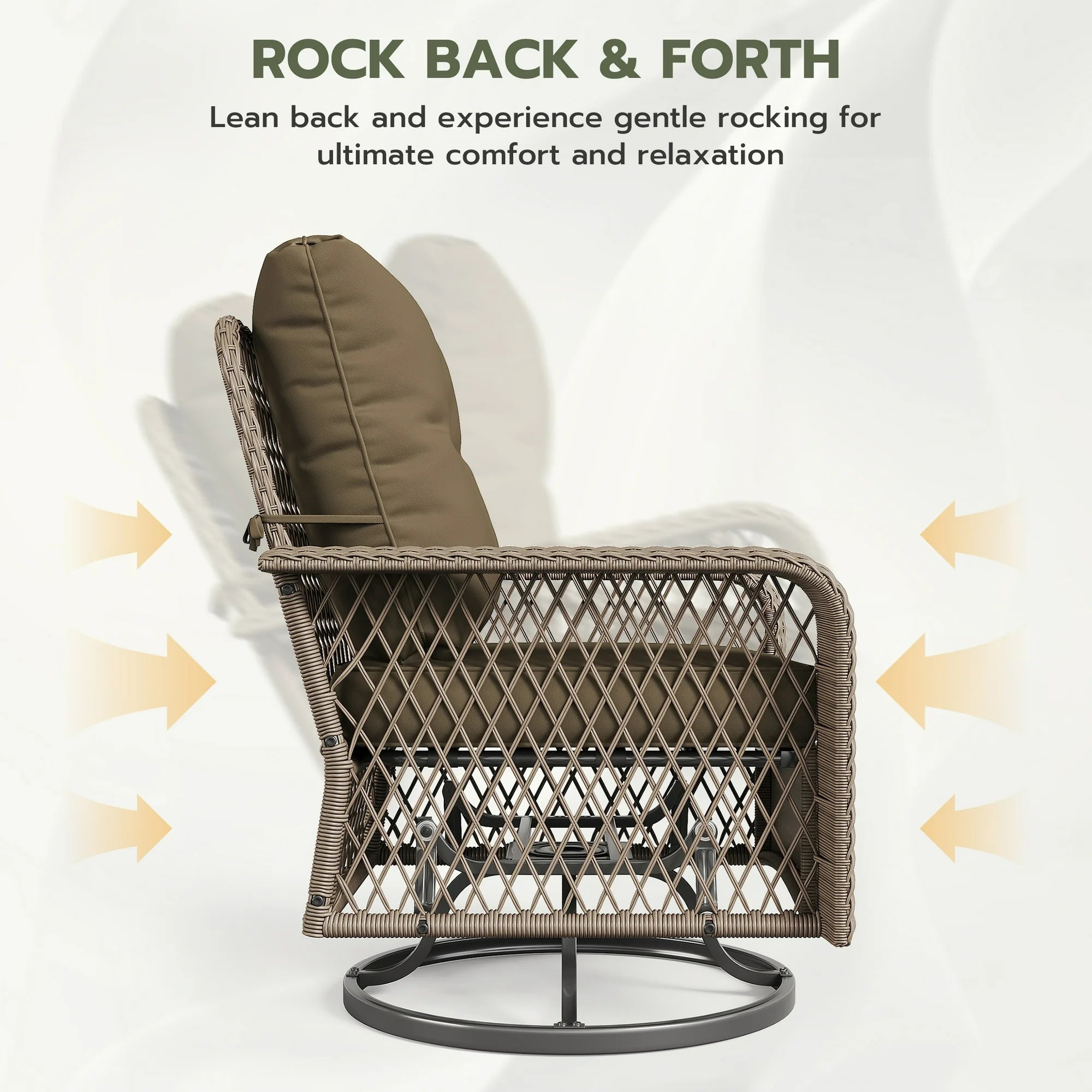 UDPATIO 3 Pieces Patio Furniture Set, Outdoor Swivel Gliders Rocker, Wicker Patio Bistro Set with Rattan Rocking Chair, Glass Top Side Table and Thickened Cushions (Brown coffee)