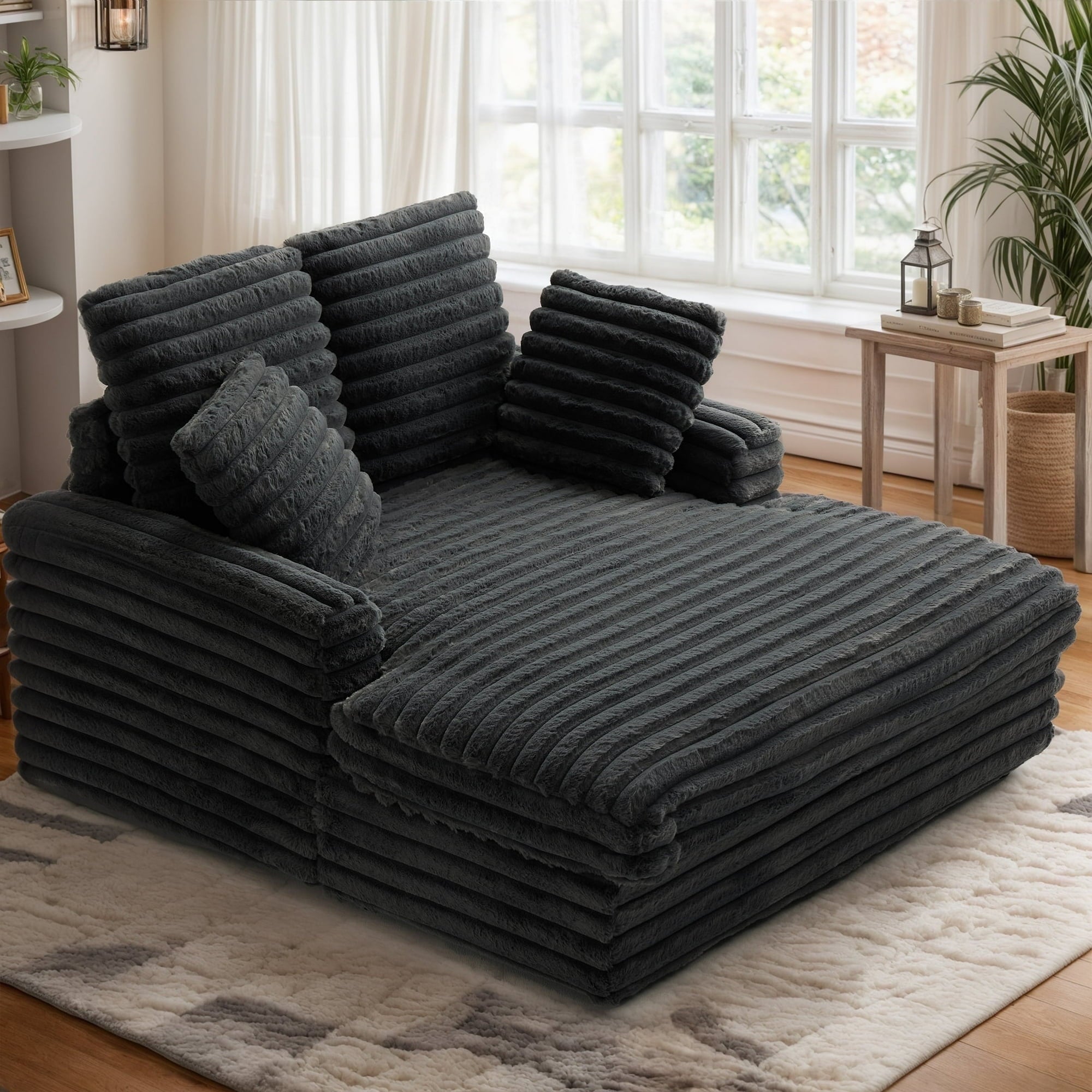 FIONA’S MAGIC 53" Oversized Chaise Lounge Chair with 4 Striped Pillow, Velvet Full Size Chair Bed for Living Room, Bedroom, Dark Gray