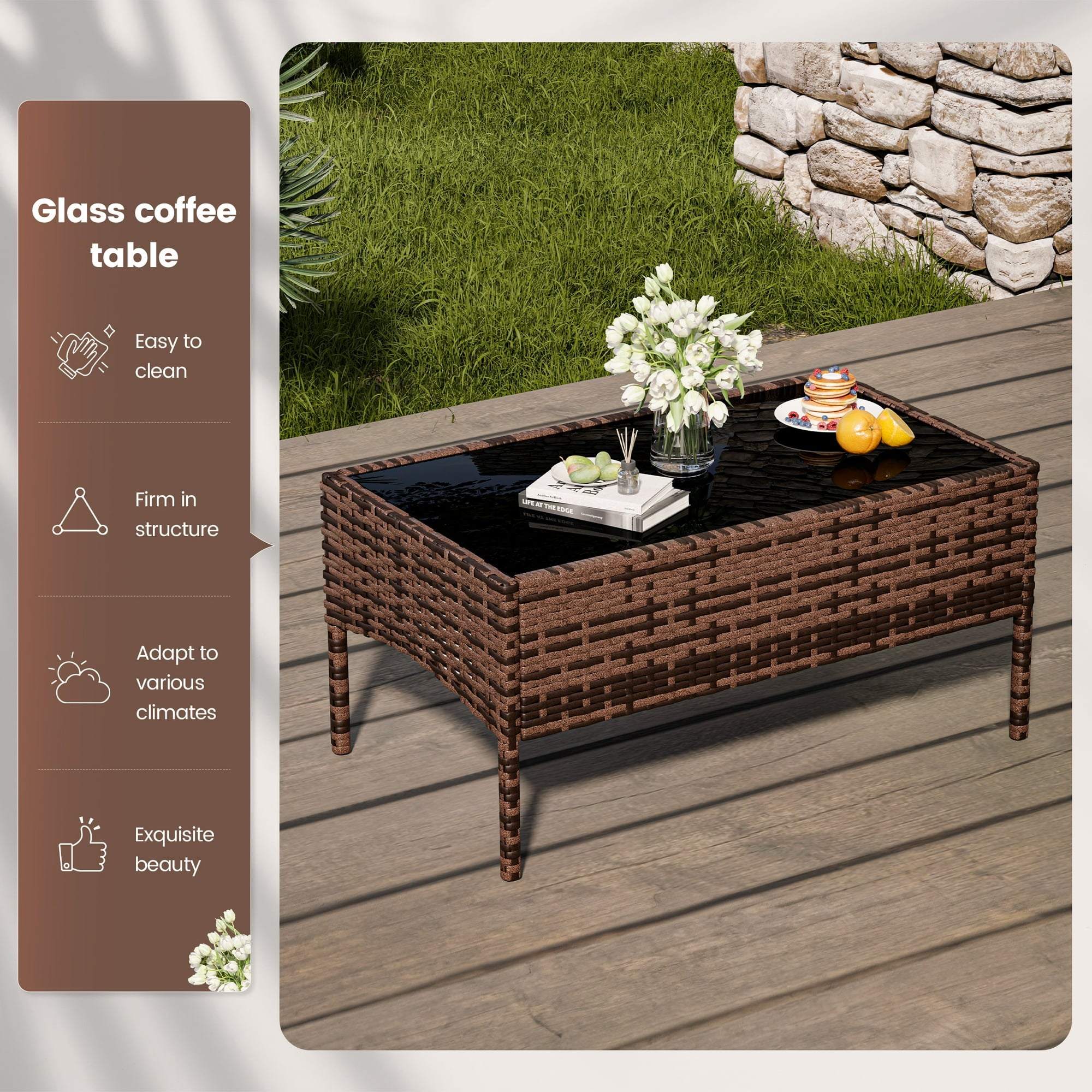 UDPATIO 4 Pieces Outdoor Patio Furniture,Sectional Conversation Sets,Brown PE Rattan Patio Chairs with Table and Loveseat for Balcony, Porch, Backyard,（Navy Blue Cushion）