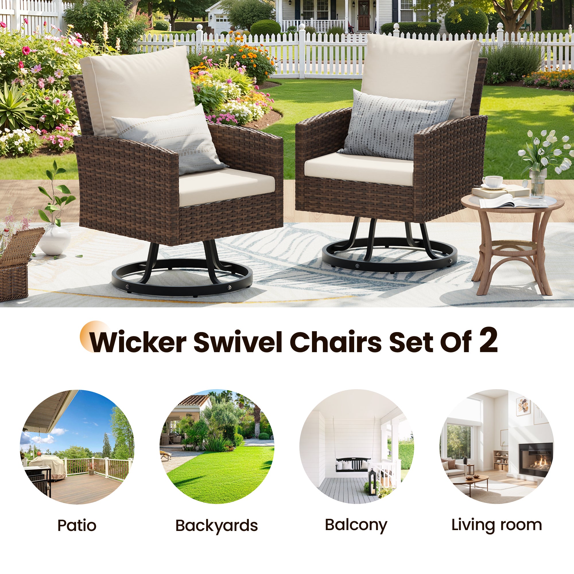 UDPATIO Wicker Patio Chairs Set of 2, Outdoor Swivel Chairs with Plush Cushions, Rattan Bistro Set Patio Furniture Set for Porch & Deck – All-Weather, Easy to Clean (Brown Rattan, Beige)