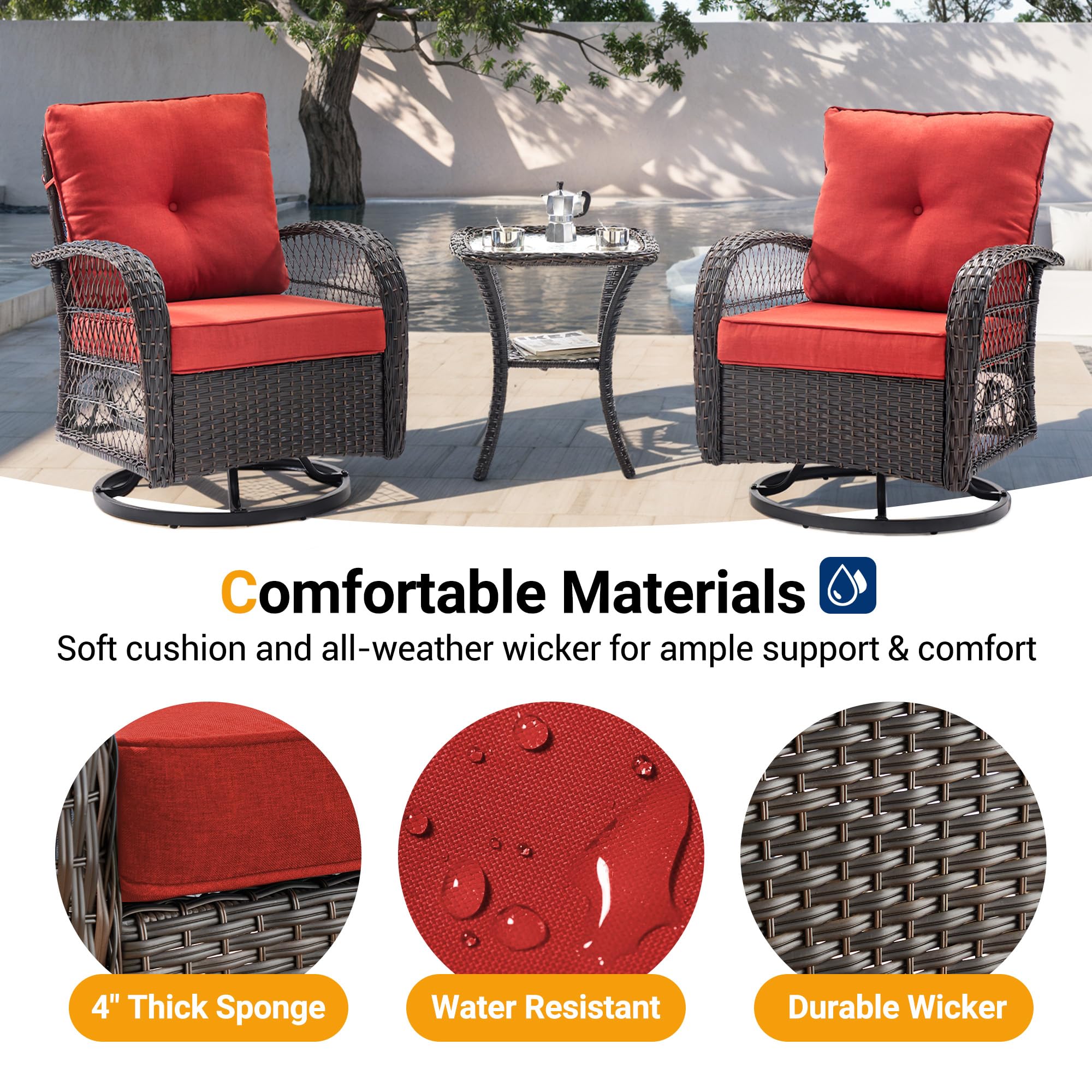 UDPATIO 3 Pieces Patio Furniture Set, Outdoor Swivel Rocker Patio Chairs Set of 2, All-Weather PE Wicker Glider Chairs with Thick Cushions and Glass Coffee Table，for Porch Deck Backyard