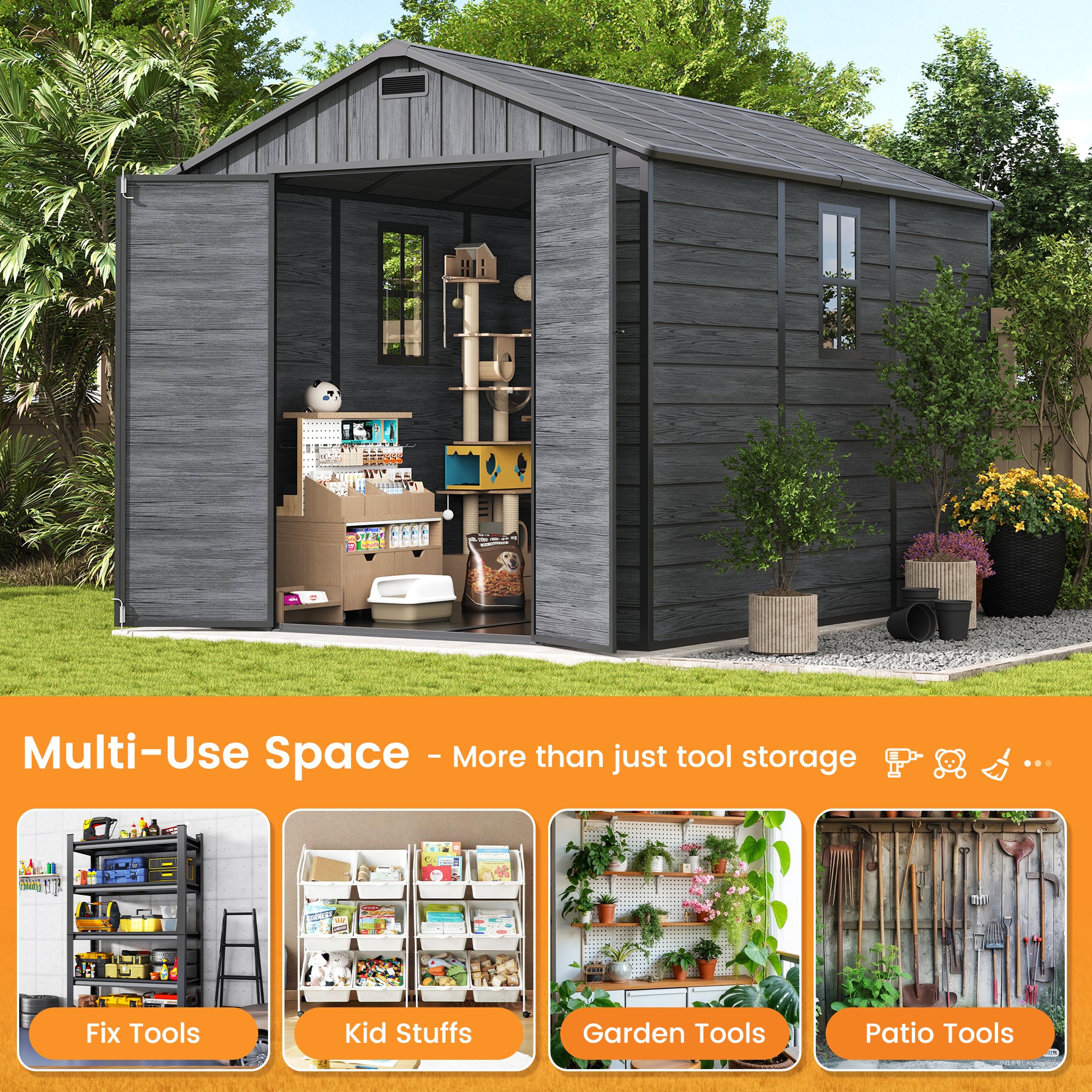 UDPATIO Outdoor Resin Storage Shed 8 x 10 FT, Plastic Storage Shed with Floor Large Outdoors Garden Tool Storage Shed Outside Clearance Shed with Lockable Door for Bike, Backyard, Patio, Dark Grey