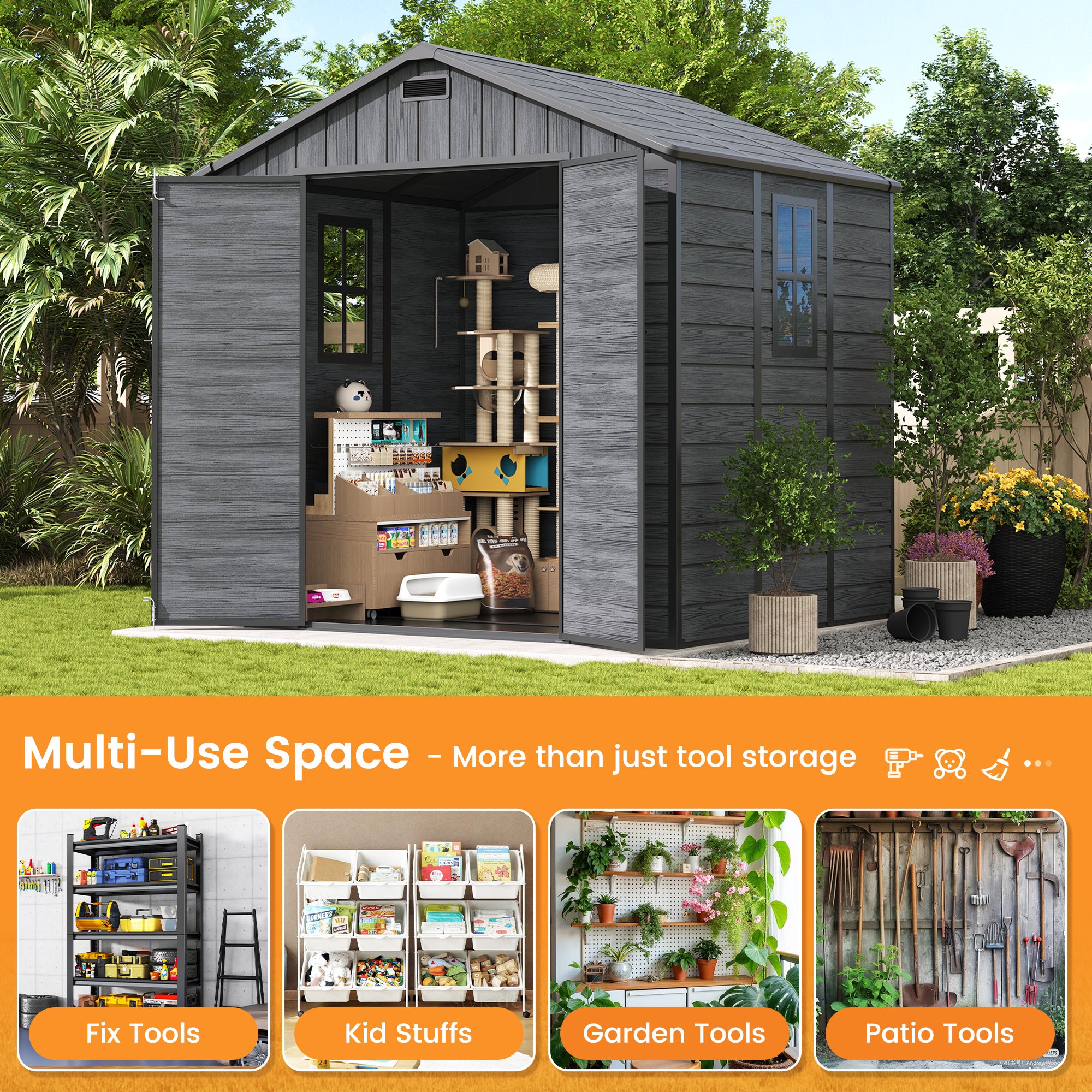 UDPATIO Resin Storage Shed 8 x 6 FT, Plastic Outdoor Storage Shed with Floor Outdside Storage Garden Patio Sheds with Lockable Door for Bike, Garbage Can, Tool, Dark Grey