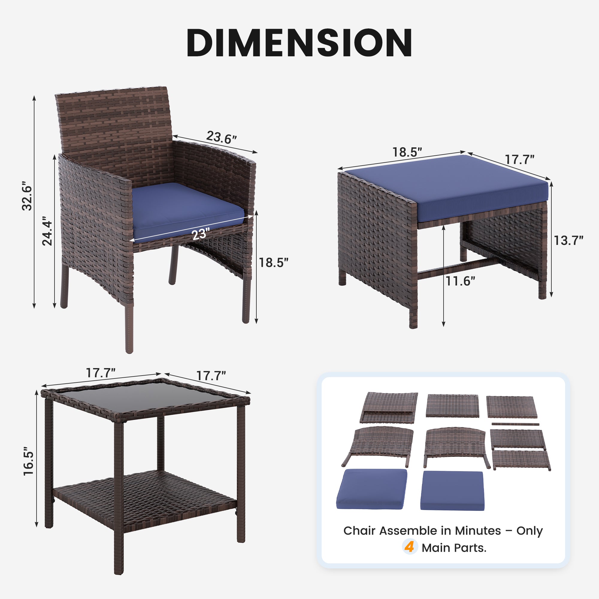 UDPATIO Outdoor Furniture Patio Chairs with Ottoman, Ideal for Balcony, Porch, 5 Piece Patio Furniture Set with Side Table for Deck, Apartment