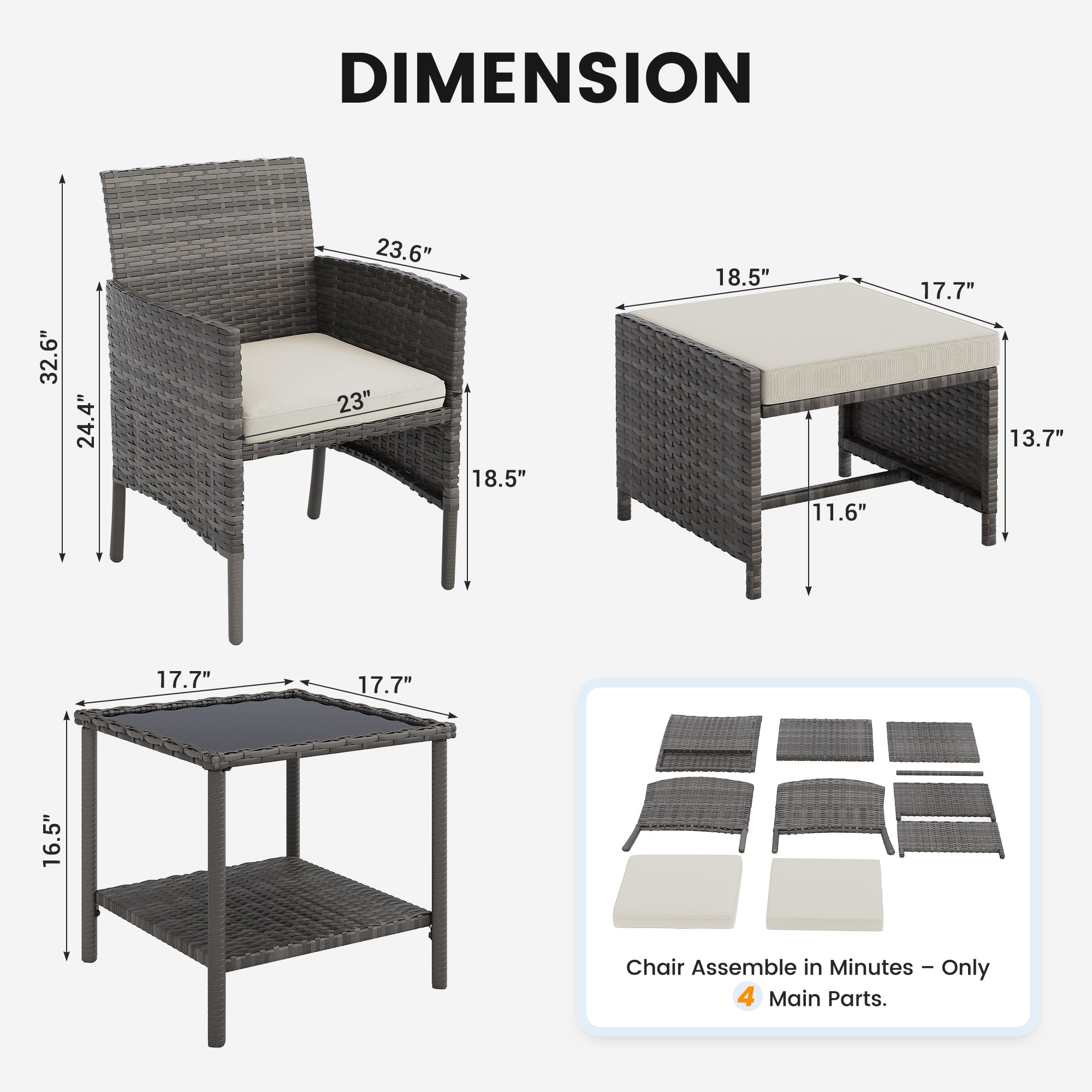 UDPATIO Outdoor Furniture Patio Chairs with Ottoman, Ideal for Balcony, Porch, 5 Piece Patio Furniture Set with Side Table for Deck, Apartment