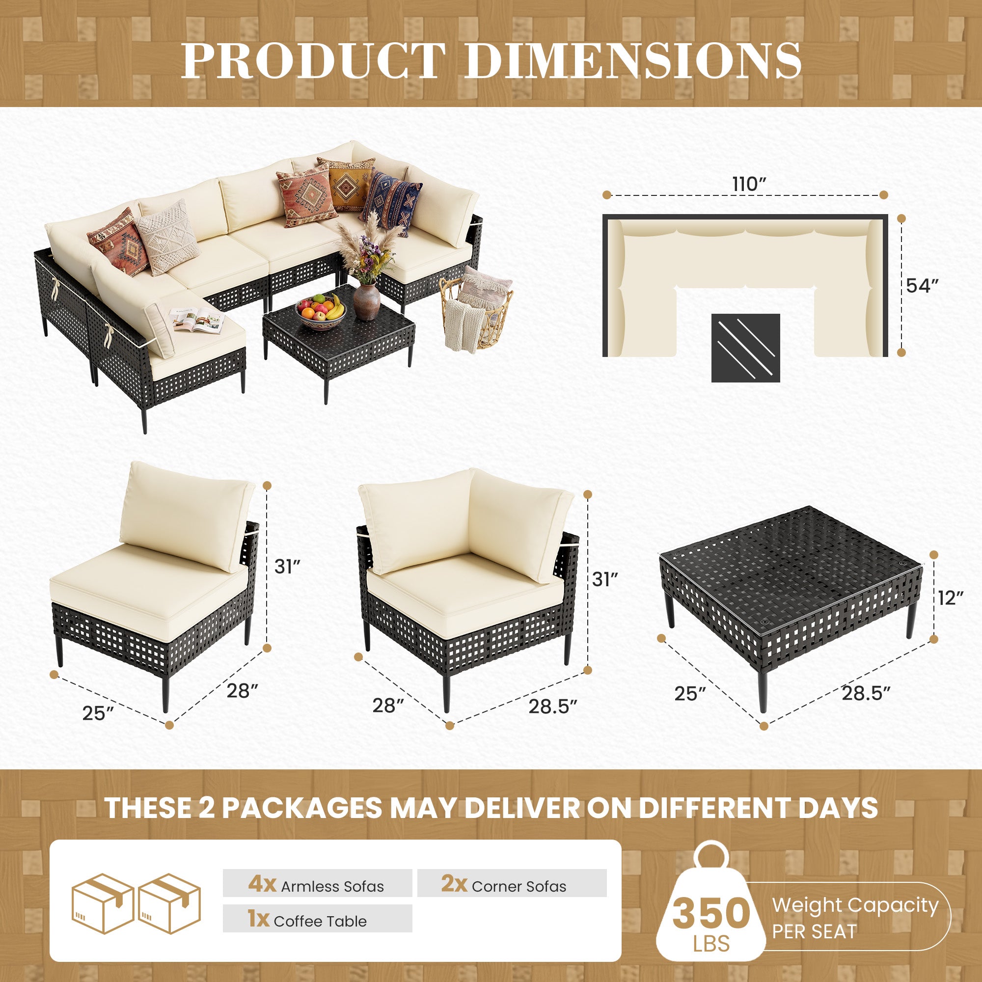 UDPATIO Wicker Patio Furniture Set with Sectional Sofas, All-Weather Cushions and Coffee Table, Bohemian Style and High-Leg Design for Garden, Deck, Poolside (Black/7 Piece)