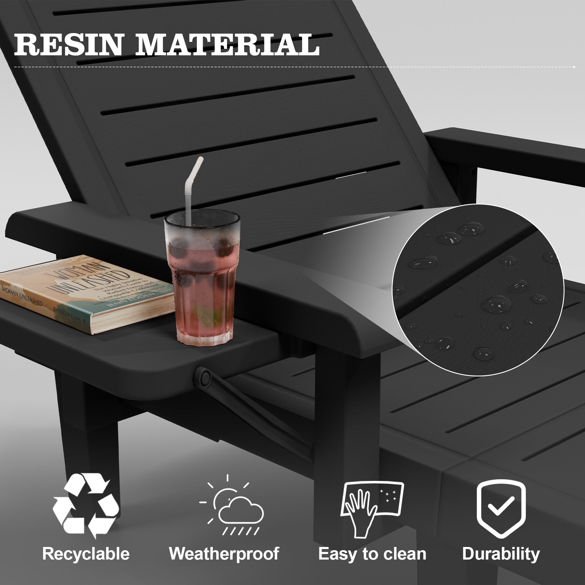 UDPATIO Oversized Pool Lounge Chairs Set of 2, Waterproof Resin Pool Chaise Lounges with Armrests and Cup Holder Tray, 5 Level Adjustable Backrest, for Poolsode, Lawn, Beach, Backyard