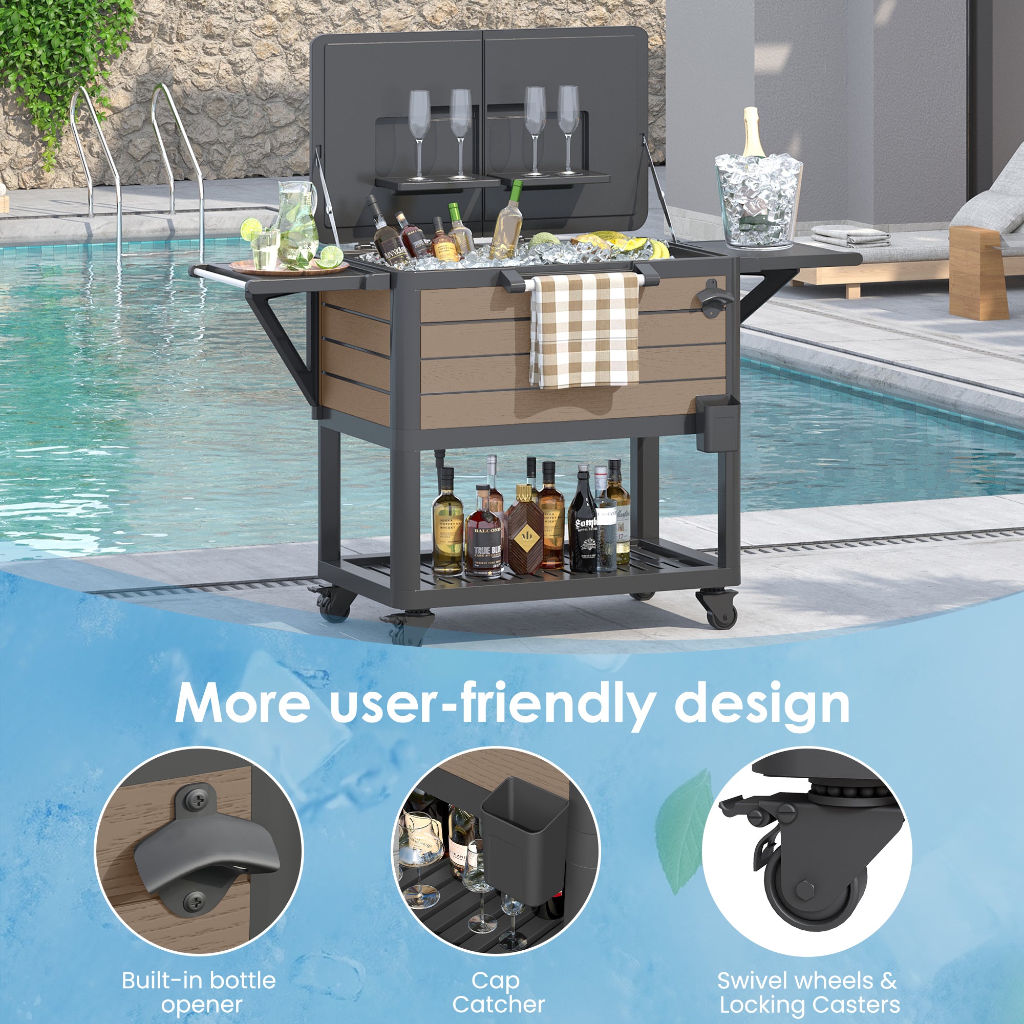 Patio Cooler Cart with Wheels, 104 Qt Portable Rolling Ice Chest, Outdoor Beverage Bar Cart with Handles for Pool, Deck, BBQ, Cookouts Party-Brown
