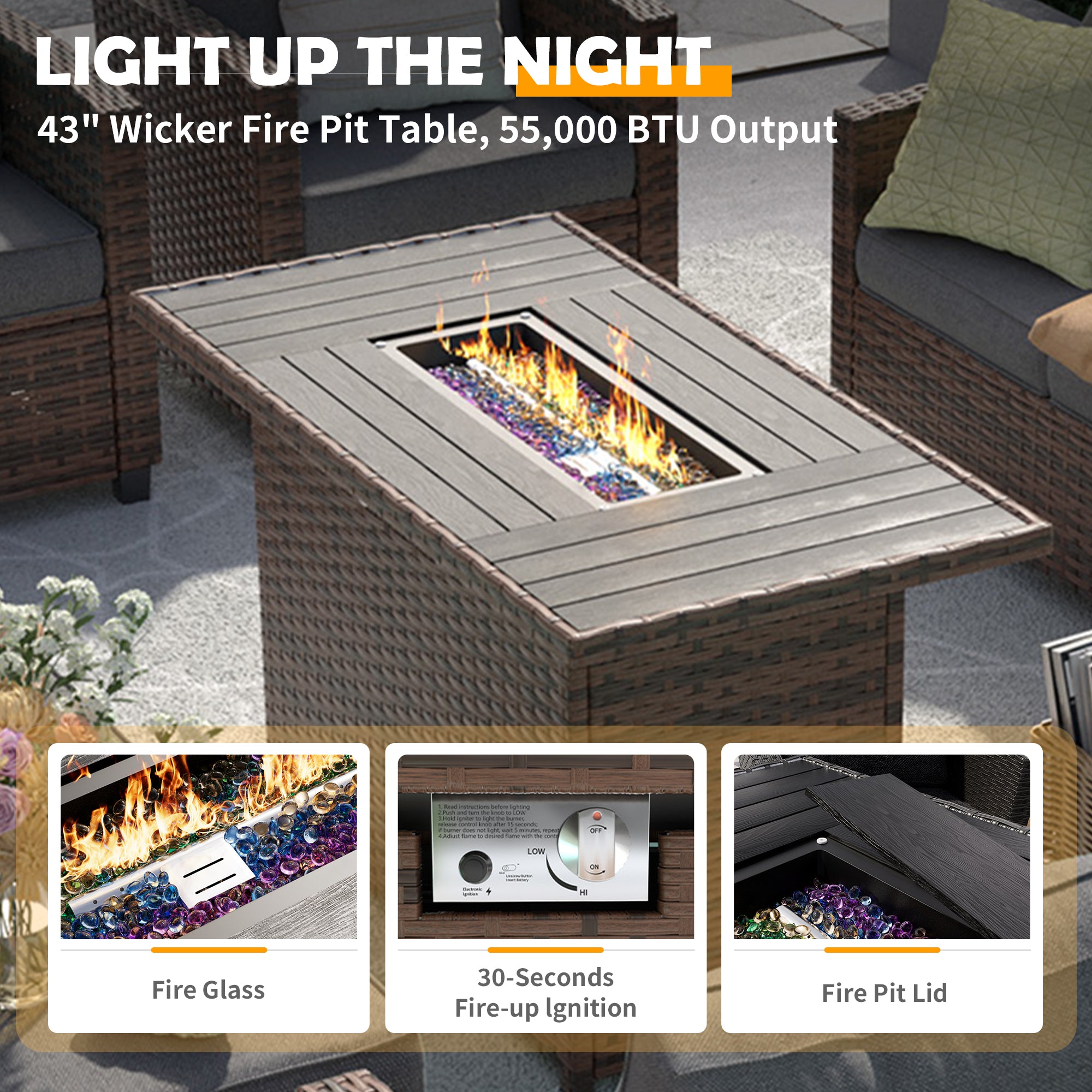 UDPATIO Patio Furniture Set with 44" Fire Pit Table, 8 Pcs Outdoor Couch