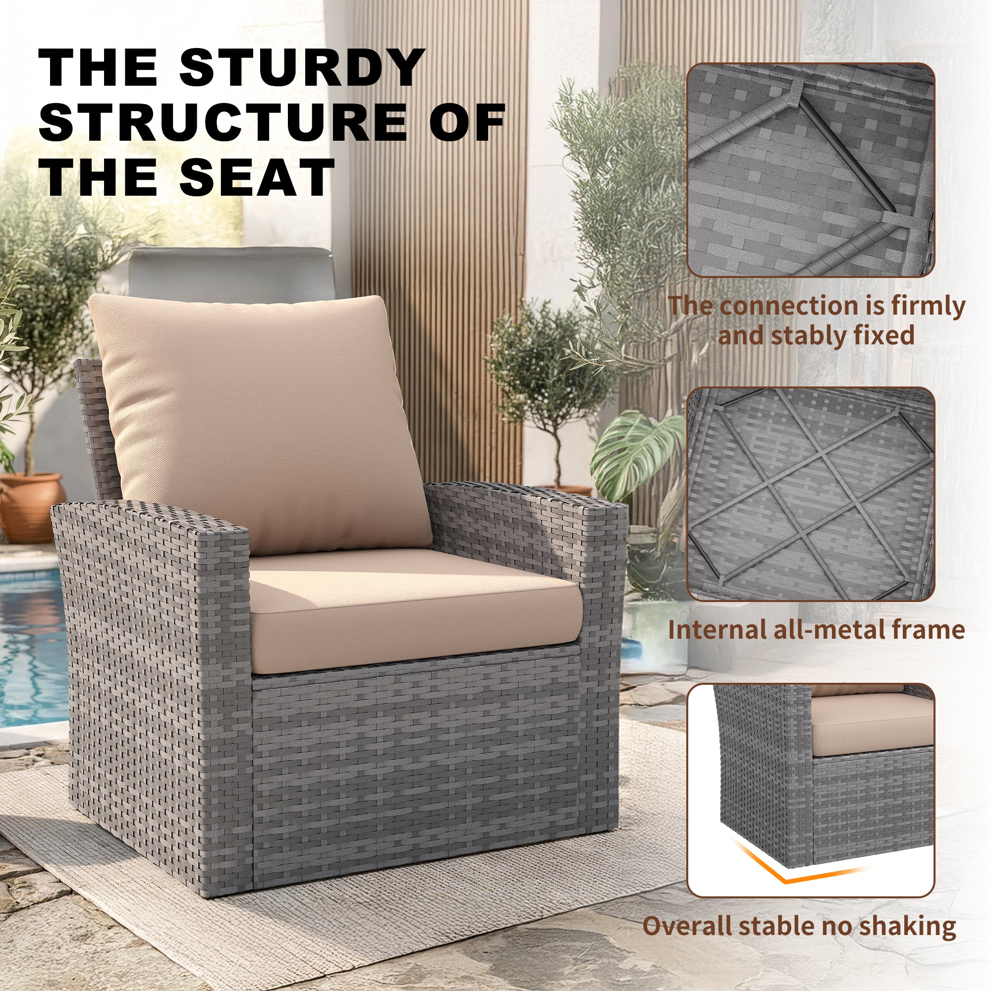 UDPATIO Wicker Patio Furniture Set，Gray PE Rattan Patio Sofa Set with coffee table，Multi-person Outdoor Sectional Conversation Sets for Balcony, Porch, Backyard, Beige