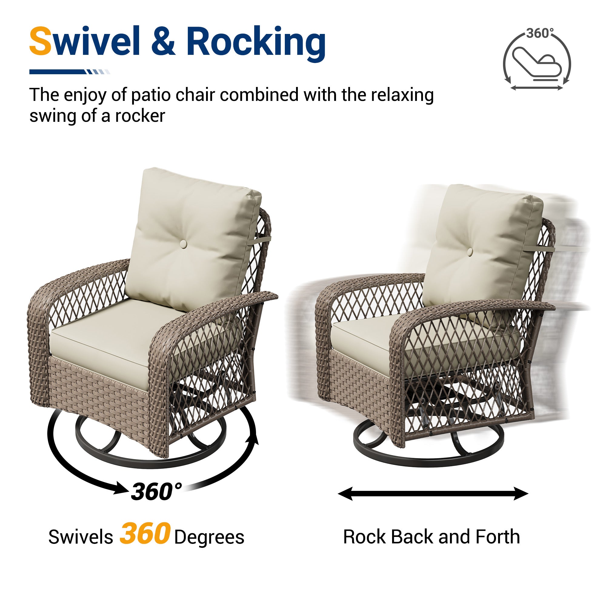 UDAPTIO Swivel Rocker Chair Set 2 with Side Table, 3 Piece Wicker Bistro Set with 4" Water-Resistant Cushions, Outdoor Glider for Front Porch, Patio, Balcony, Beige