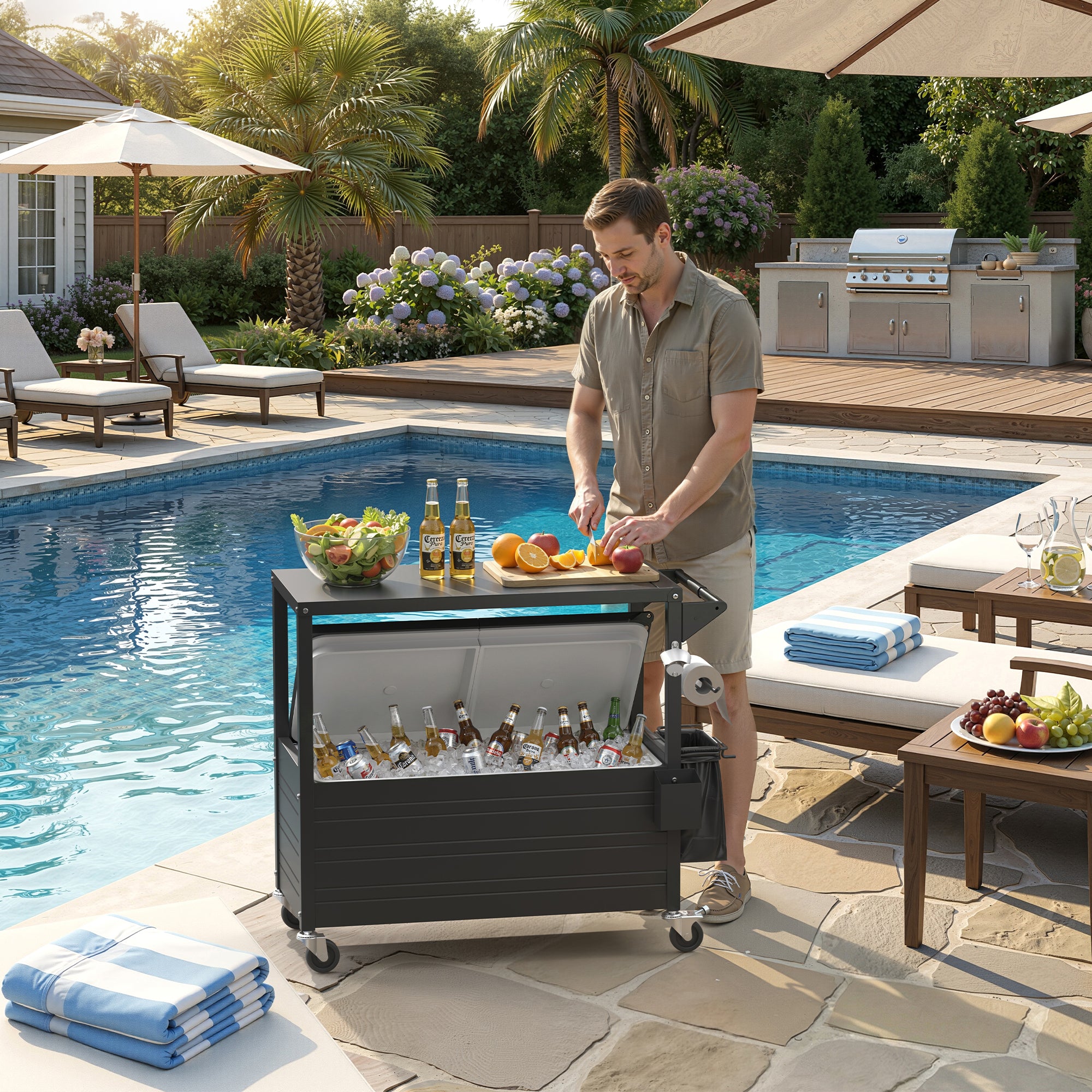 80 Quart Rolling Ice Chest with Top Table Patio Cooler Cart with 4 Wheels, Portable Outdoor Beverage Cooler with Drain Plug Weather Resistant for BBQ Party Pool Deck, Indoor & Outdoor Use