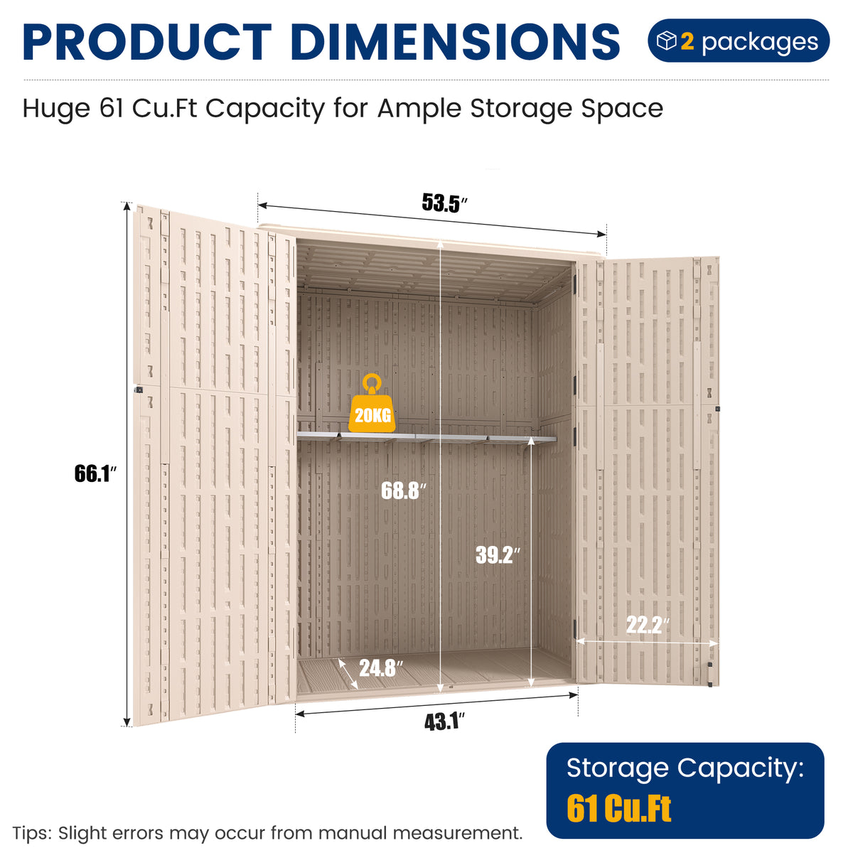 UPPATIO 61 Cu.Ft Outdoor Storage Shed,Vertical Resin Sheds with Shelf,Beige