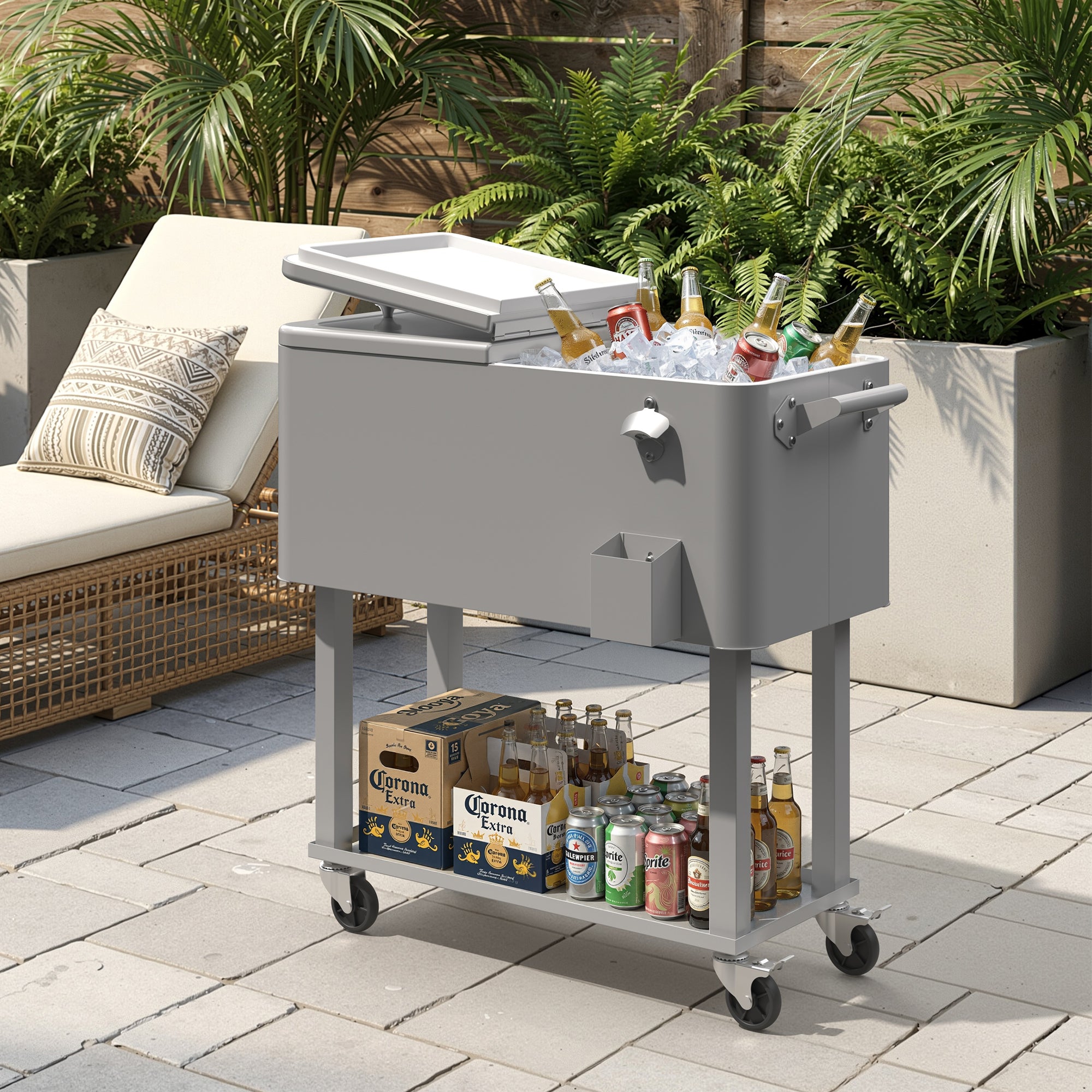 Patio Cooler Cart 80 Quart Outdoor Rolling Ice Chest Portable Beverage Bar with Bottom Storage Tray and Bottle Opener for Party BBQ Beach Activities