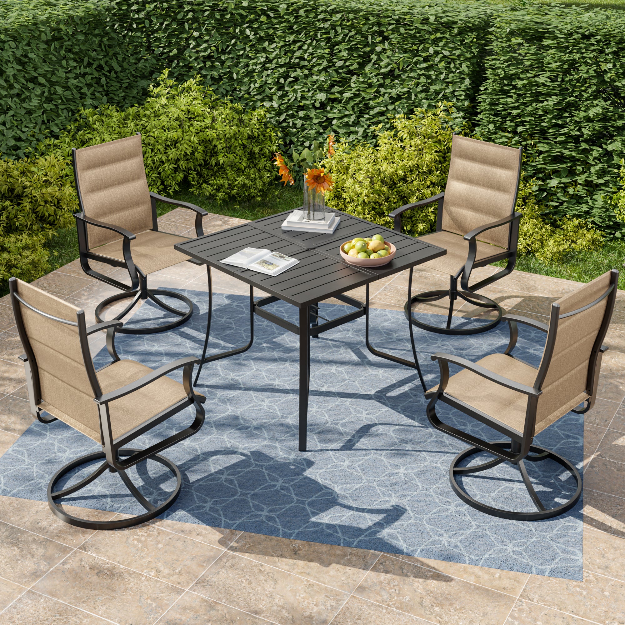 UDPATIO 5 Piece Outdoor Patio Dining Set, Outdoor Patio Table and Chairs Set, 37" Square Table with Umbrella Hole, Outdoor Swivel Rocker Dining Chairs, Patio Outside Furniture Set for Lawn, Deck, Yard