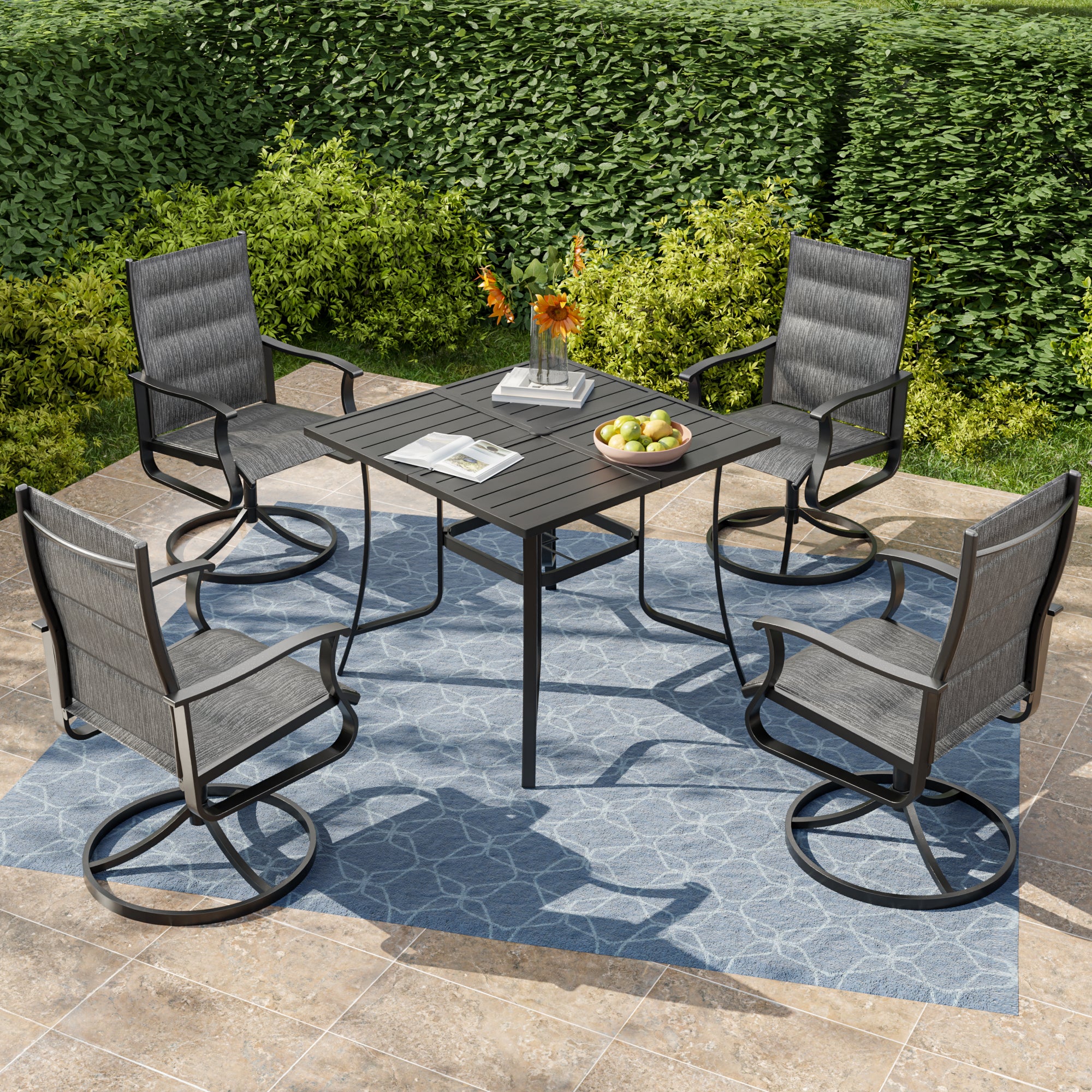 UDPATIO 5 Piece Outdoor Patio Dining Set, Outdoor Patio Table and Chairs Set, 37" Square Table with Umbrella Hole, Outdoor Swivel Rocker Dining Chairs, Patio Outside Furniture Set for Lawn, Deck, Yard