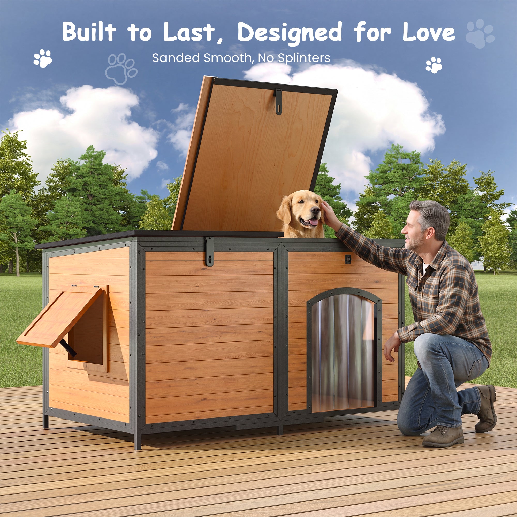 Outdoor Insulated Dog House Weatherproof Dog Kennel Dog Shelter Anti-Chewing Full Iron Frame, Openable Roof for Small to Large Dog Breeds