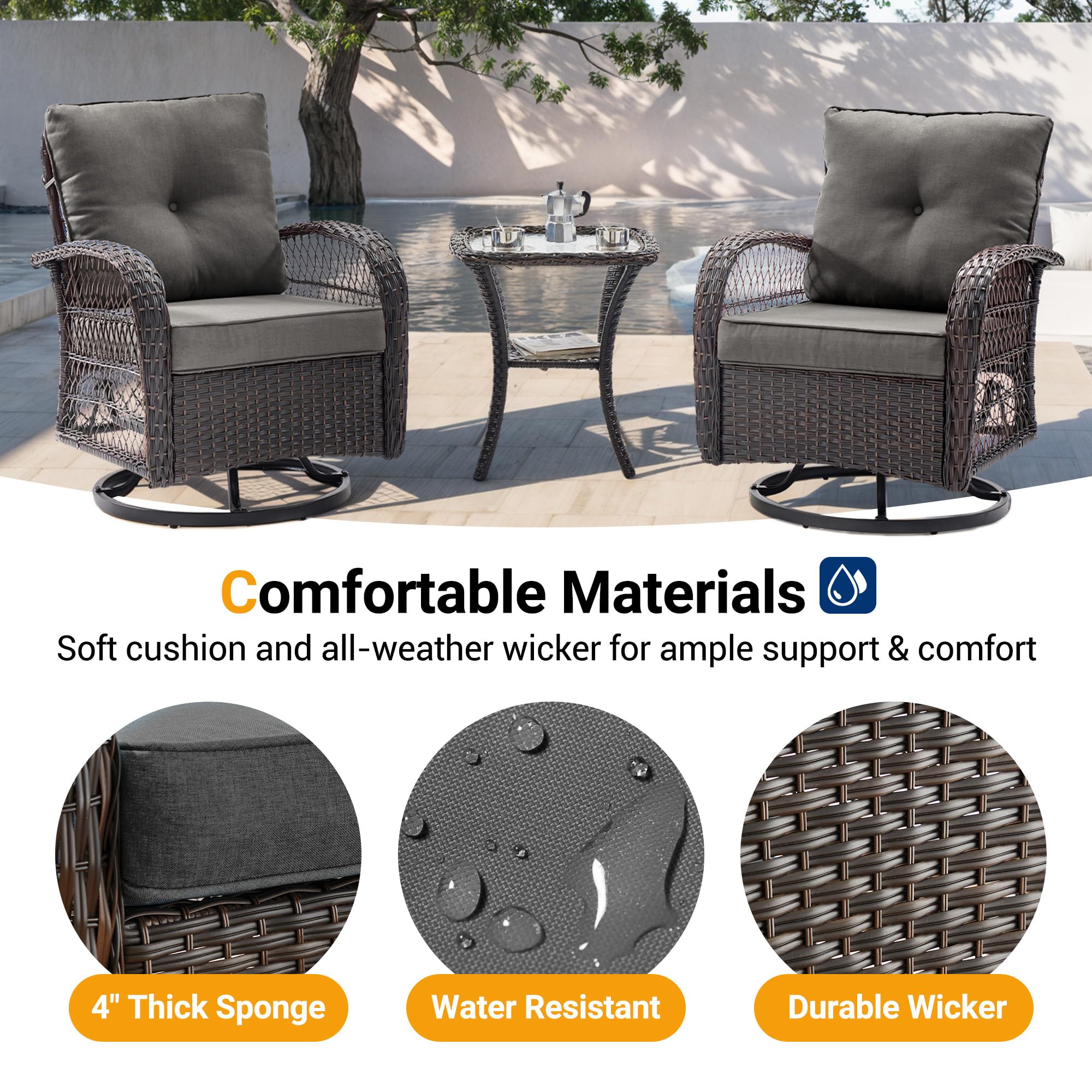 UDPATIO 3 Pieces Patio Furniture Set, Outdoor Swivel Rocker Patio Chairs Set of 2, All-Weather PE Wicker Glider Chairs with Thick Cushions and Glass Coffee Table，for Porch Deck Backyard
