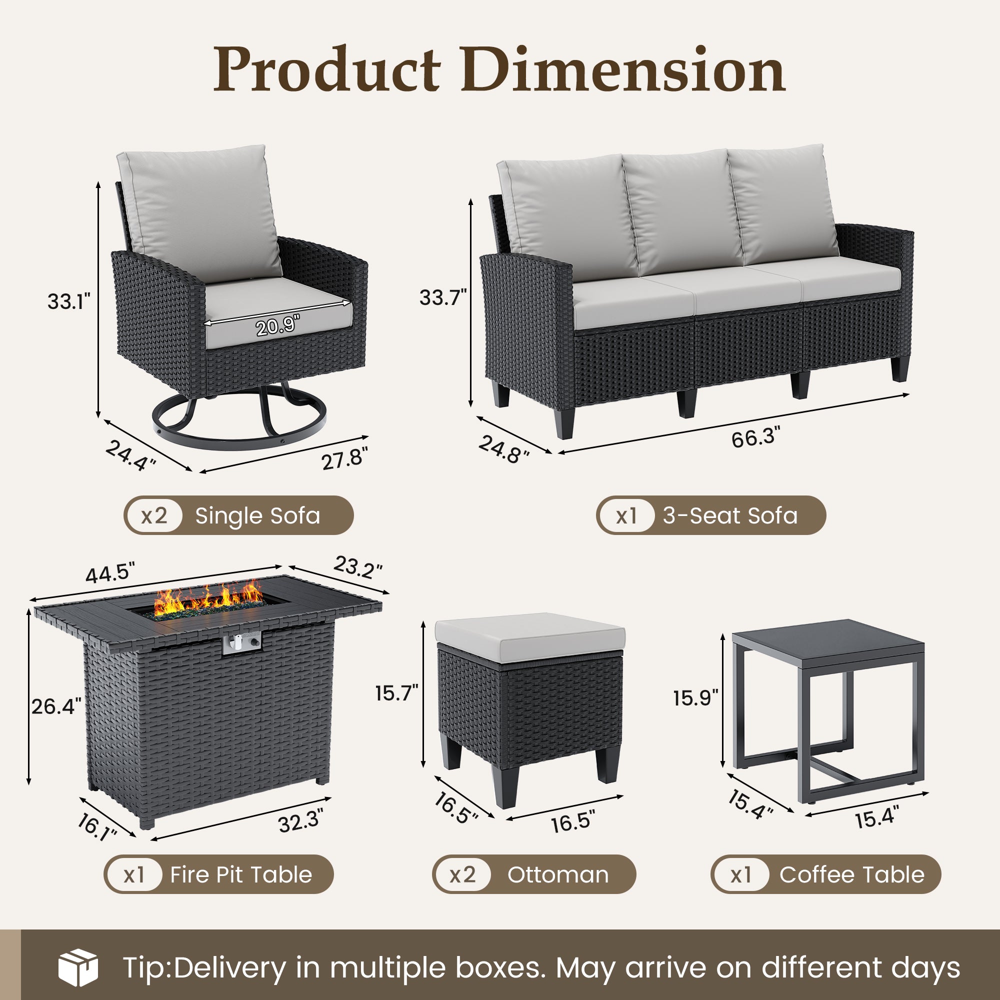 UDPATIO Patio Furniture Set with Fire Pit Table, 7 Pieces Outdoor Conversation Sets with Swivel Chairs and Ottomans, All-Weather Rattan Wicker Patio Sofa Couch for Backyard, Deck, Porch, Grey/Black