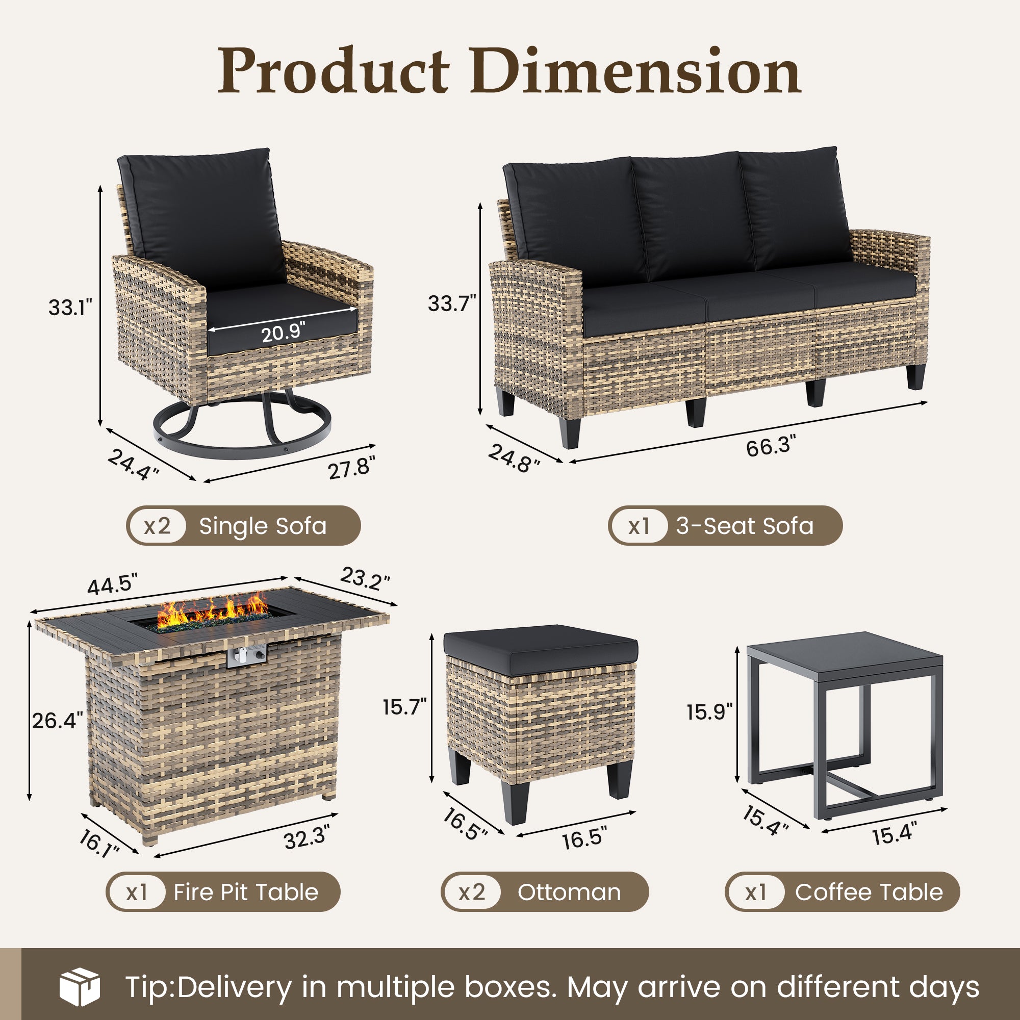 UDPATIO Patio Furniture Set with Fire Pit Table, 7 Pieces Outdoor Conversation Sets with Swivel Chairs and Ottomans, All-Weather Rattan Wicker Patio Sofa Couch for Backyard, Deck, Porch, Black/Yellow