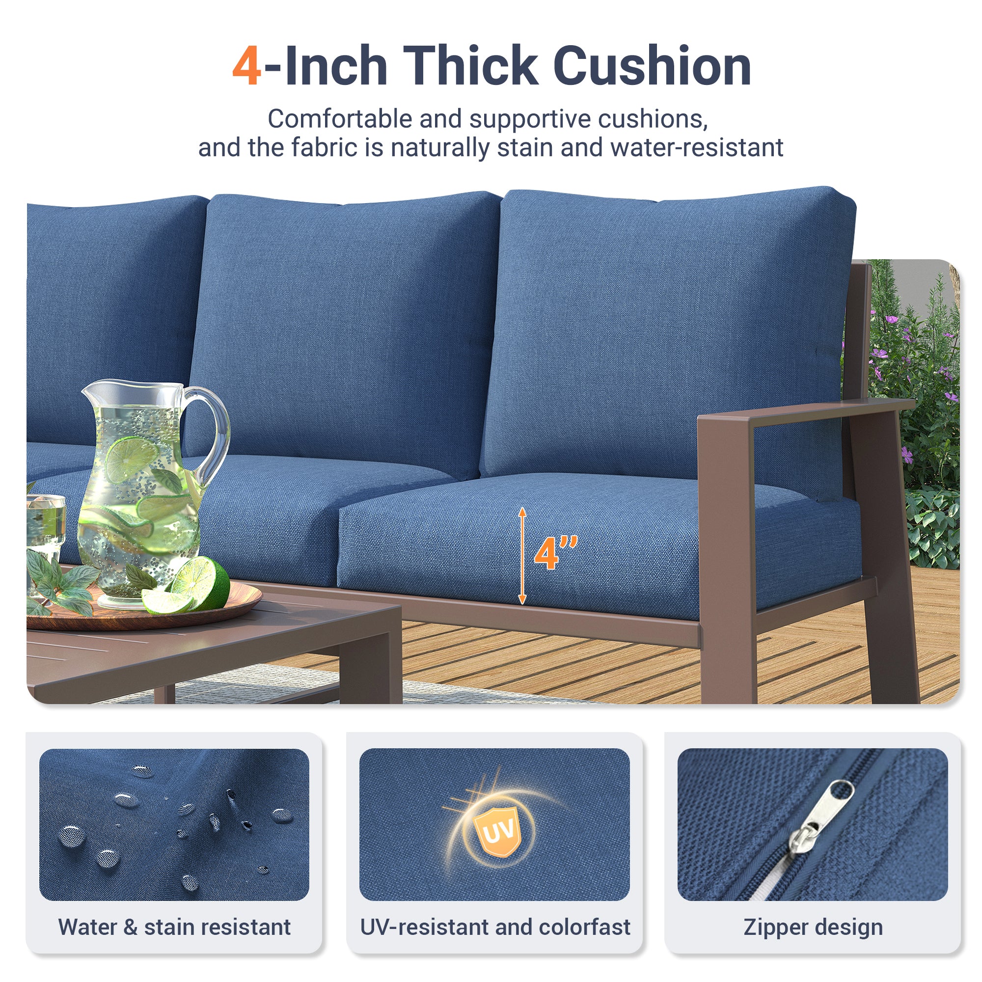 UDPATIO 6 Pieces Aluminum Patio Furniture Set, 7-Seat Metal Outdoor Furniture Set with 4" Water-Resistant Cushion & Coffee Table,  Patio Conversation Sets for Porch, Deck, Garden