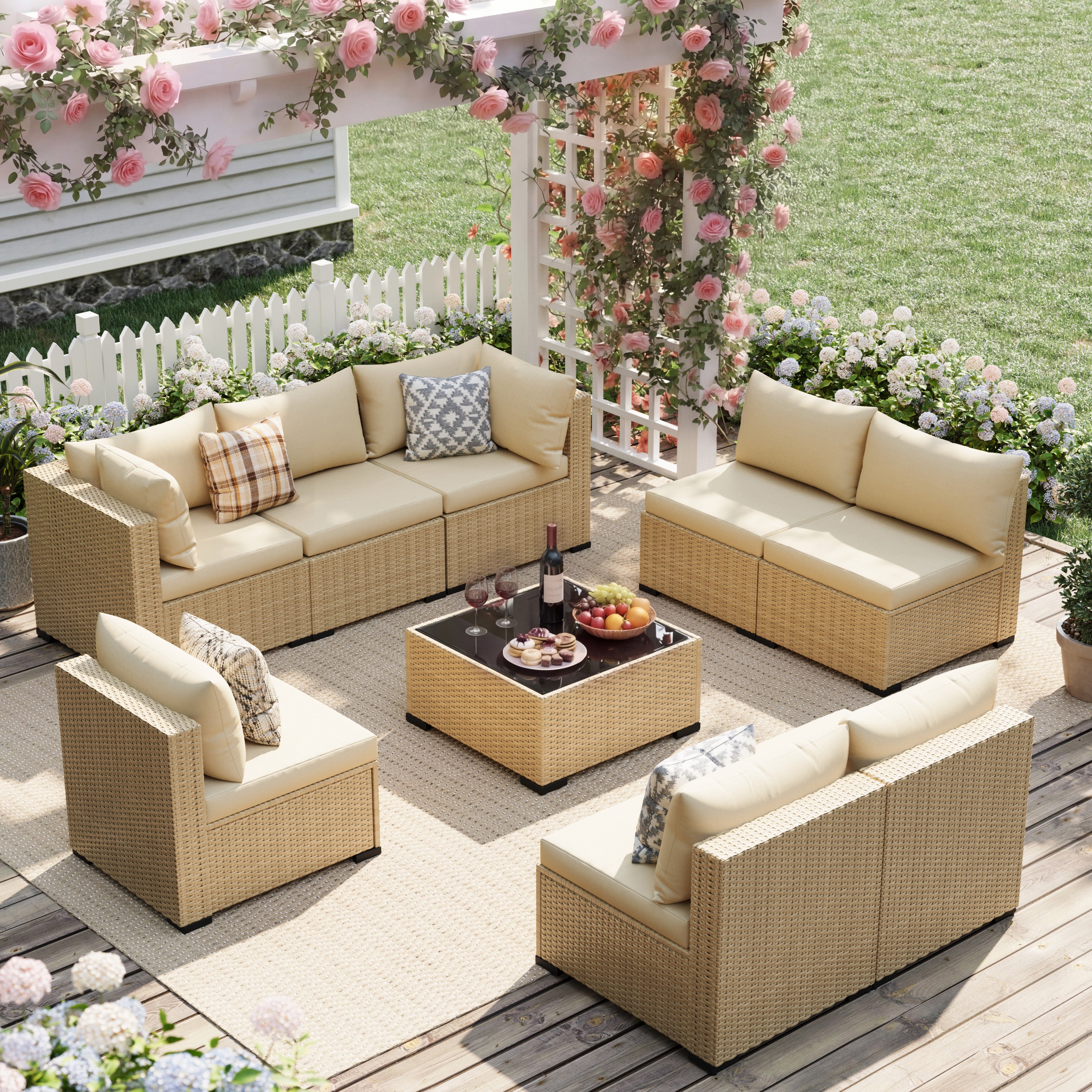 UDPATIO 9-Piece Wicker Modular Sectional Outdoor Conversation Sets with Glass Coffee Table, Yellow&Beige