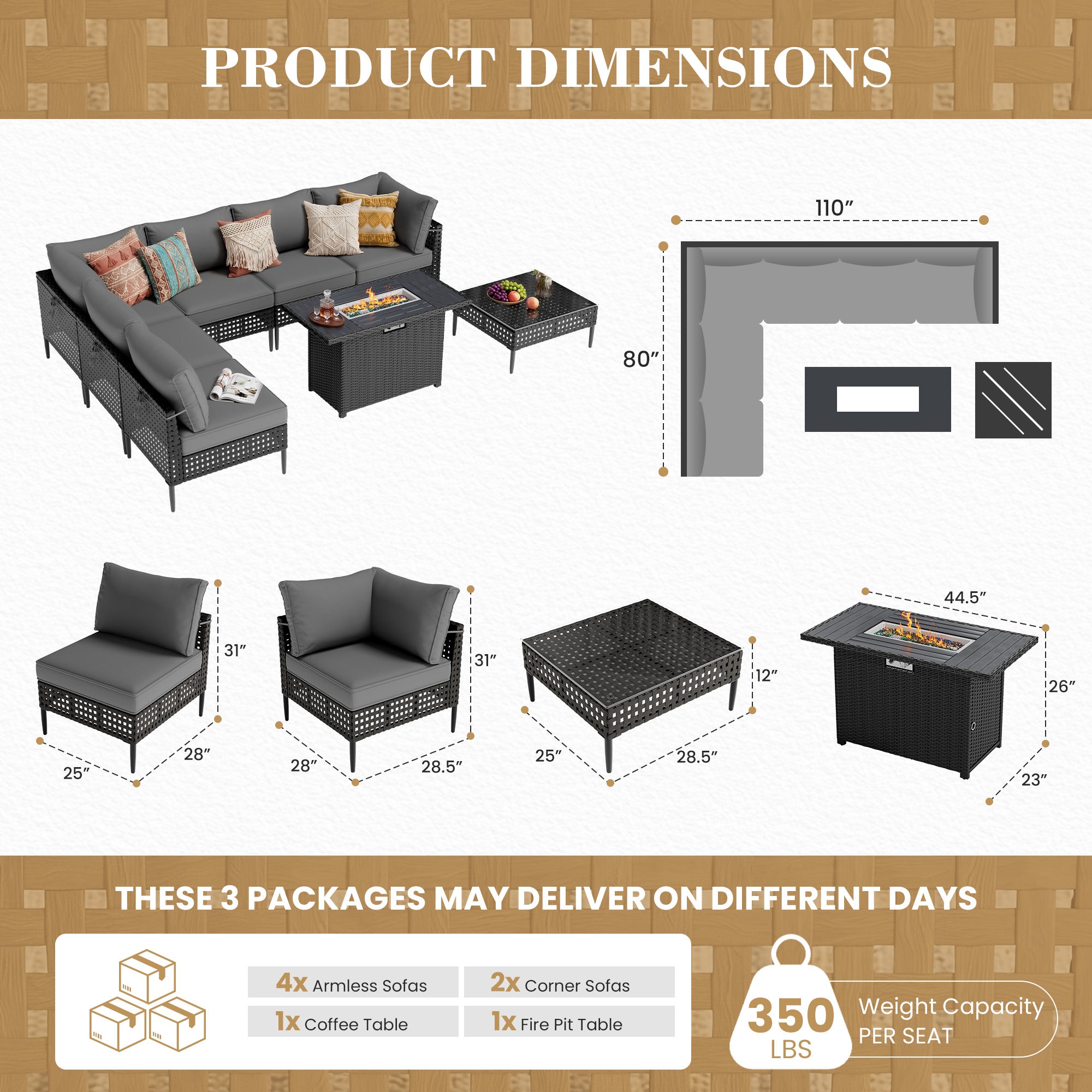 UDPATIO Wicker Patio Furniture Set with Sectional Sofas, All-Weather Cushions and Fire Pit Table, Bohemian Style and High-Leg Design for Garden, Deck, Poolside (Dark Gray/8 Piece)
