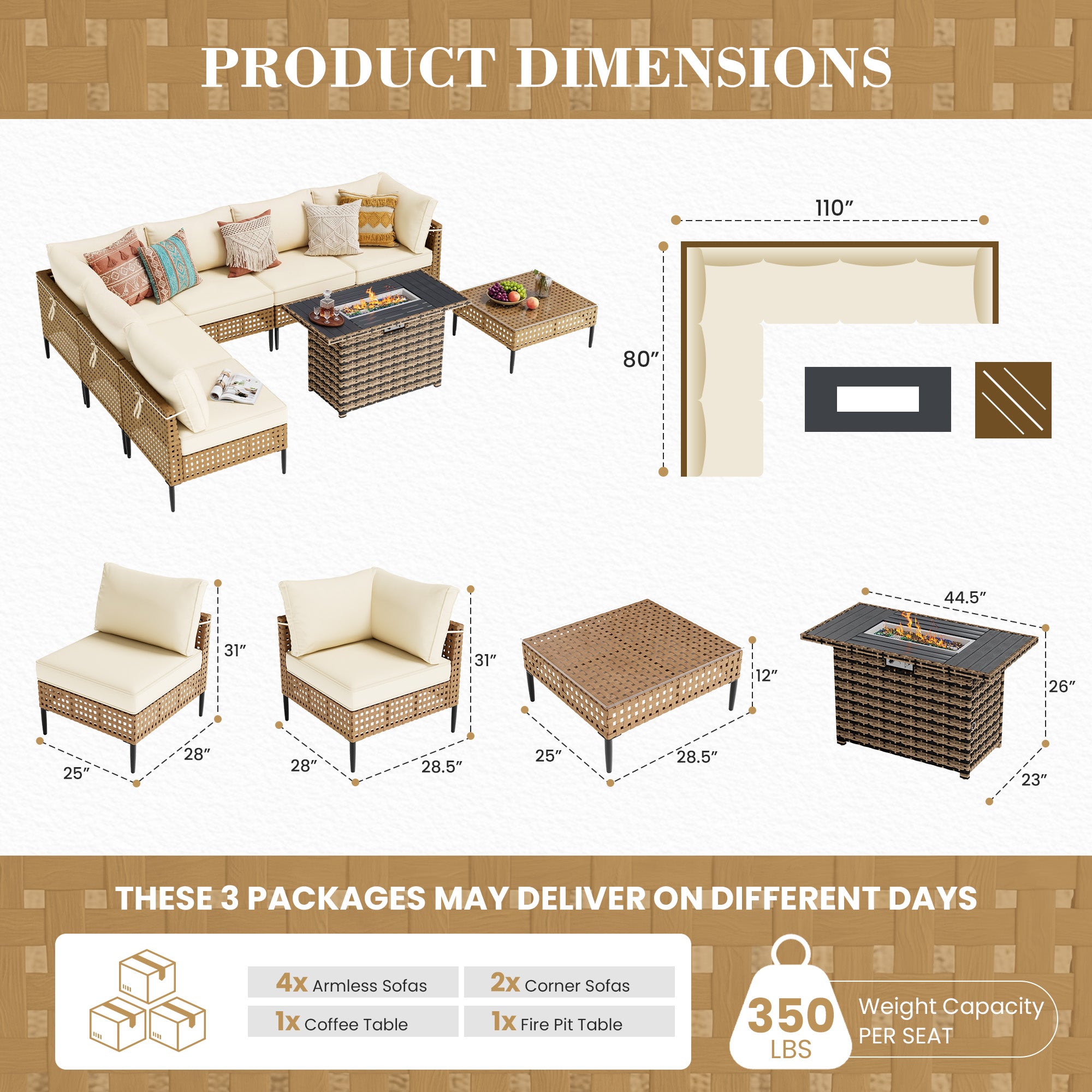 UDPATIO Wicker Patio Furniture Set with Sectional Sofas, All-Weather Cushions and Fire Pit Table, Bohemian Style and High-Leg Design for Garden, Deck, Poolside (Beige/8 Piece)