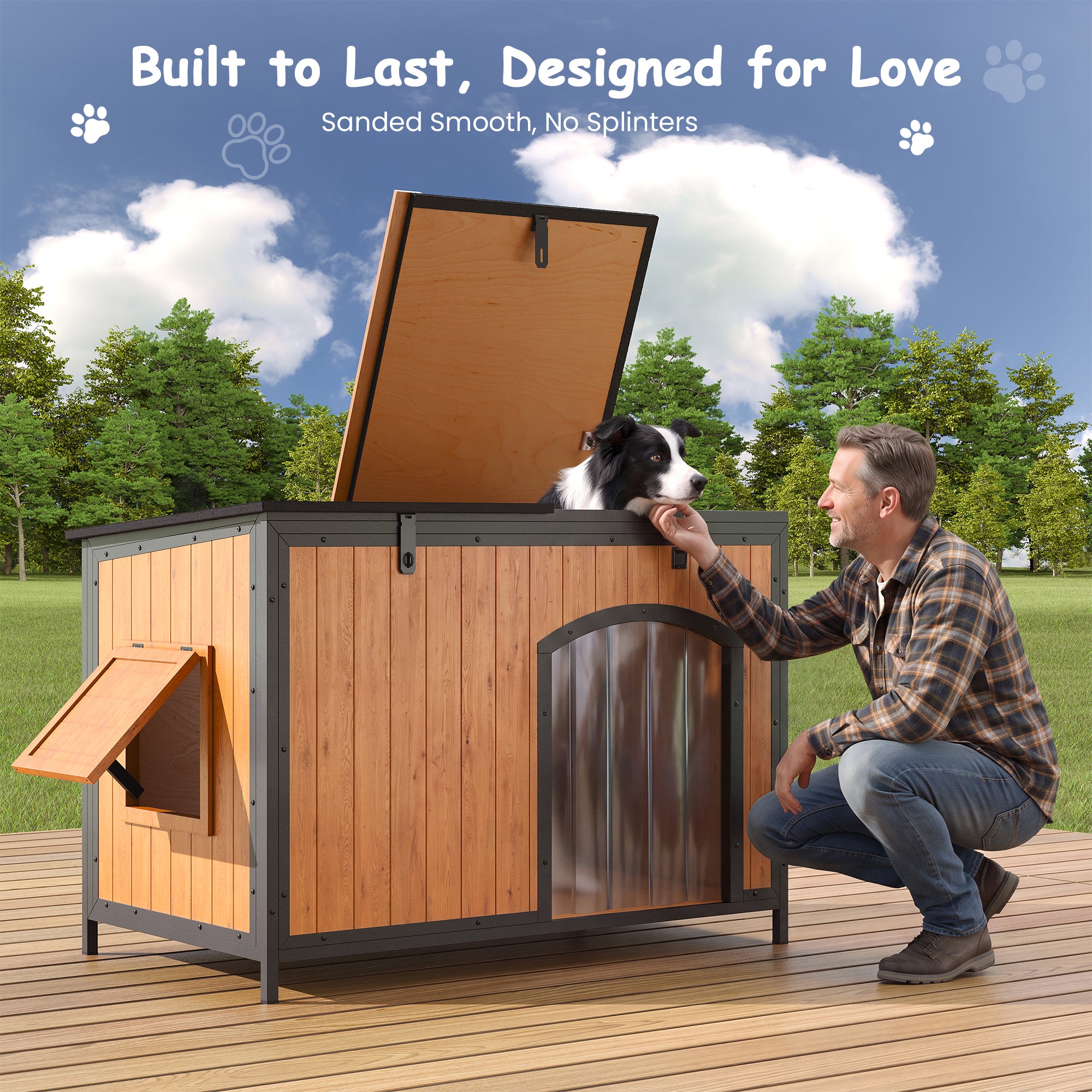 Outdoor Insulated Dog House Weatherproof Dog Kennel Dog Shelter Anti-Chewing Full Iron Frame, Openable Roof for Small to Large Dog Breeds