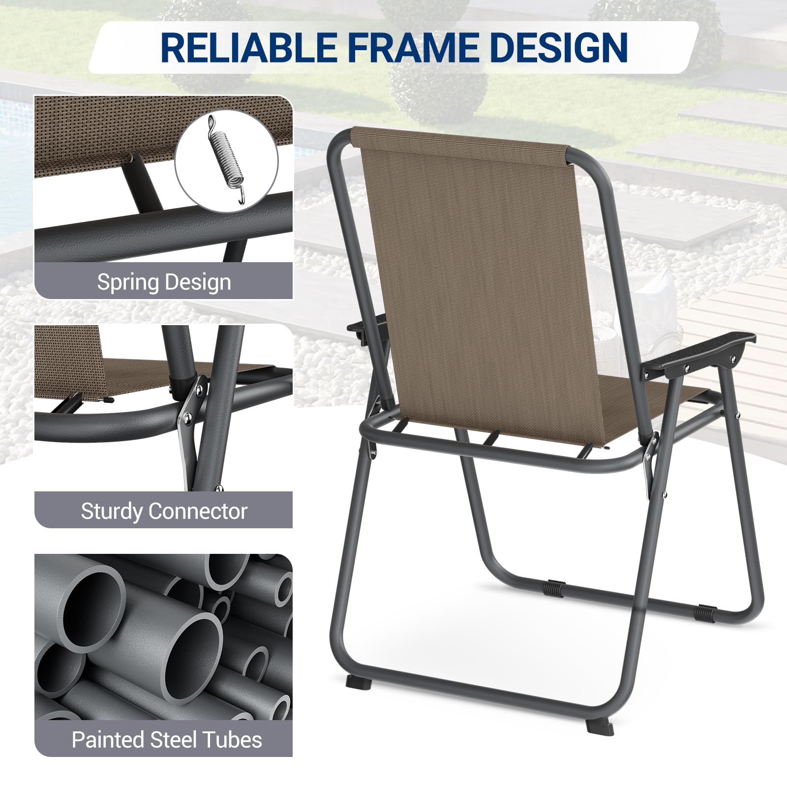 UDPATIO Patio Folding Chairs Set of 6, Lightweight Portable Patio Chair with Sturdy Steel Frame and Weather-Resistant Textilene Fabric, Brown