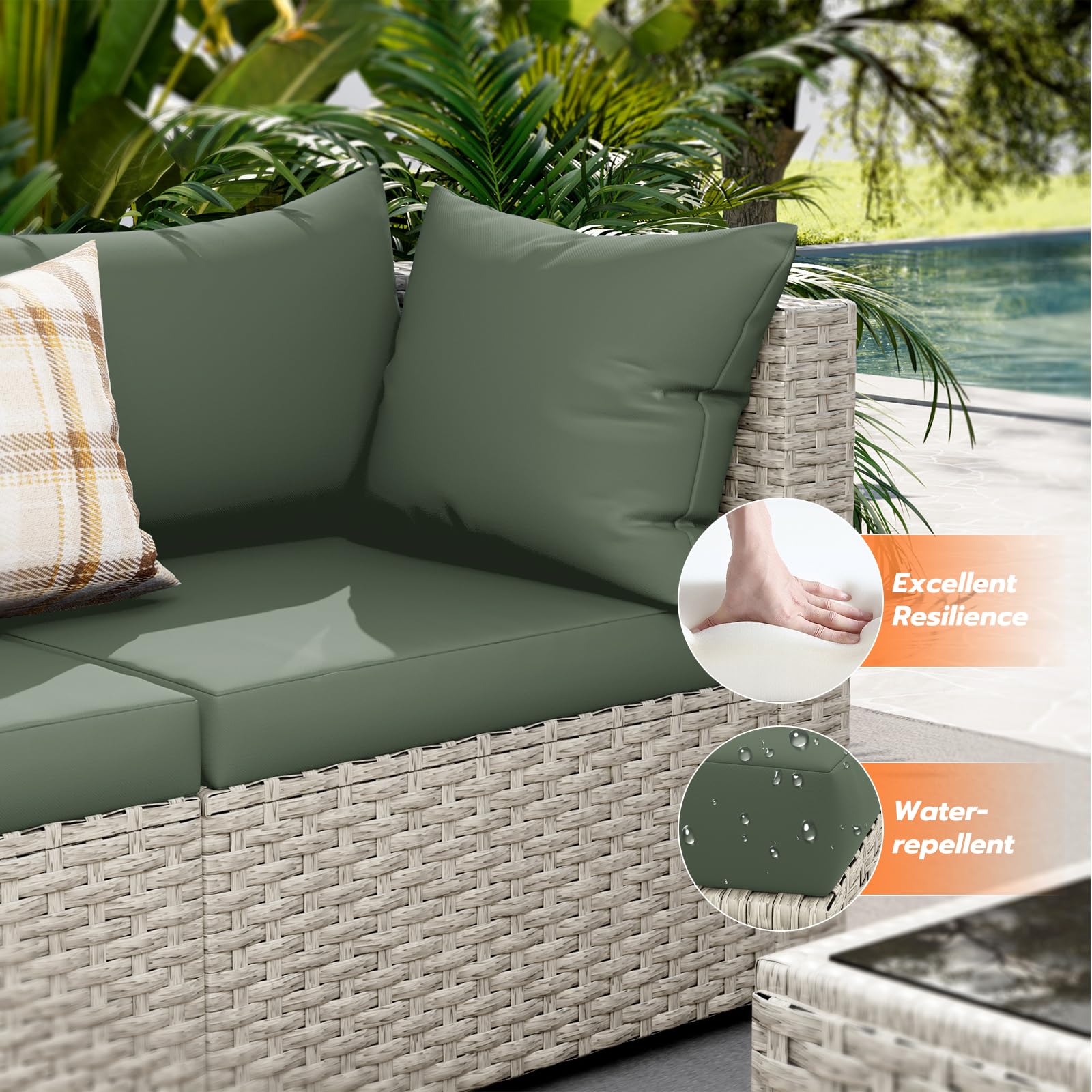 UDPATIO Patio Furniture Set with Fire Pit Table, 8 Pieces Outdoor Sectional Sofa, PE Wicker Patio Conversation Set for Garden, Backyard Green