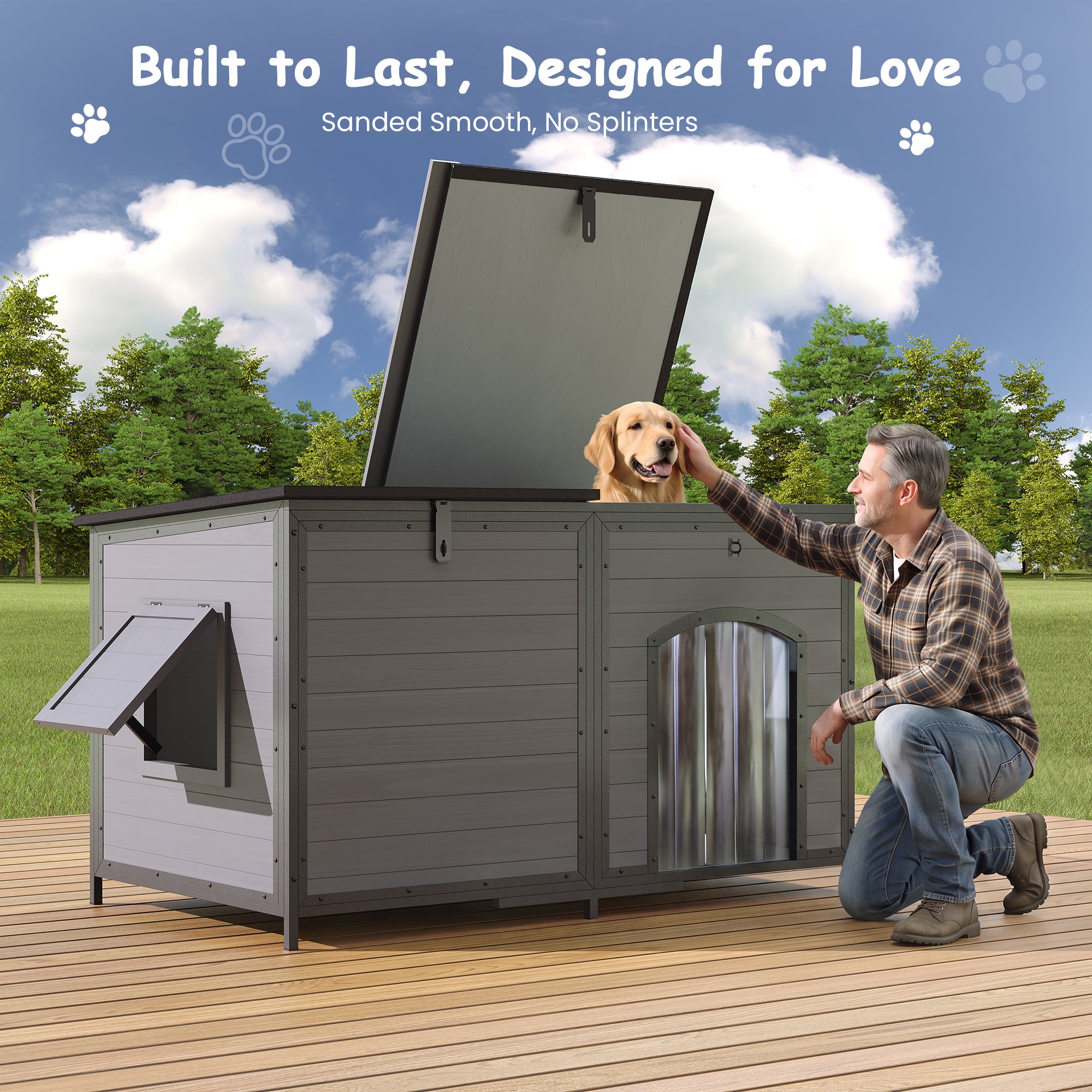 Outdoor Insulated Dog House Weatherproof Dog Kennel Dog Shelter Anti-Chewing Full Iron Frame, Openable Roof for Small to Large Dog Breeds