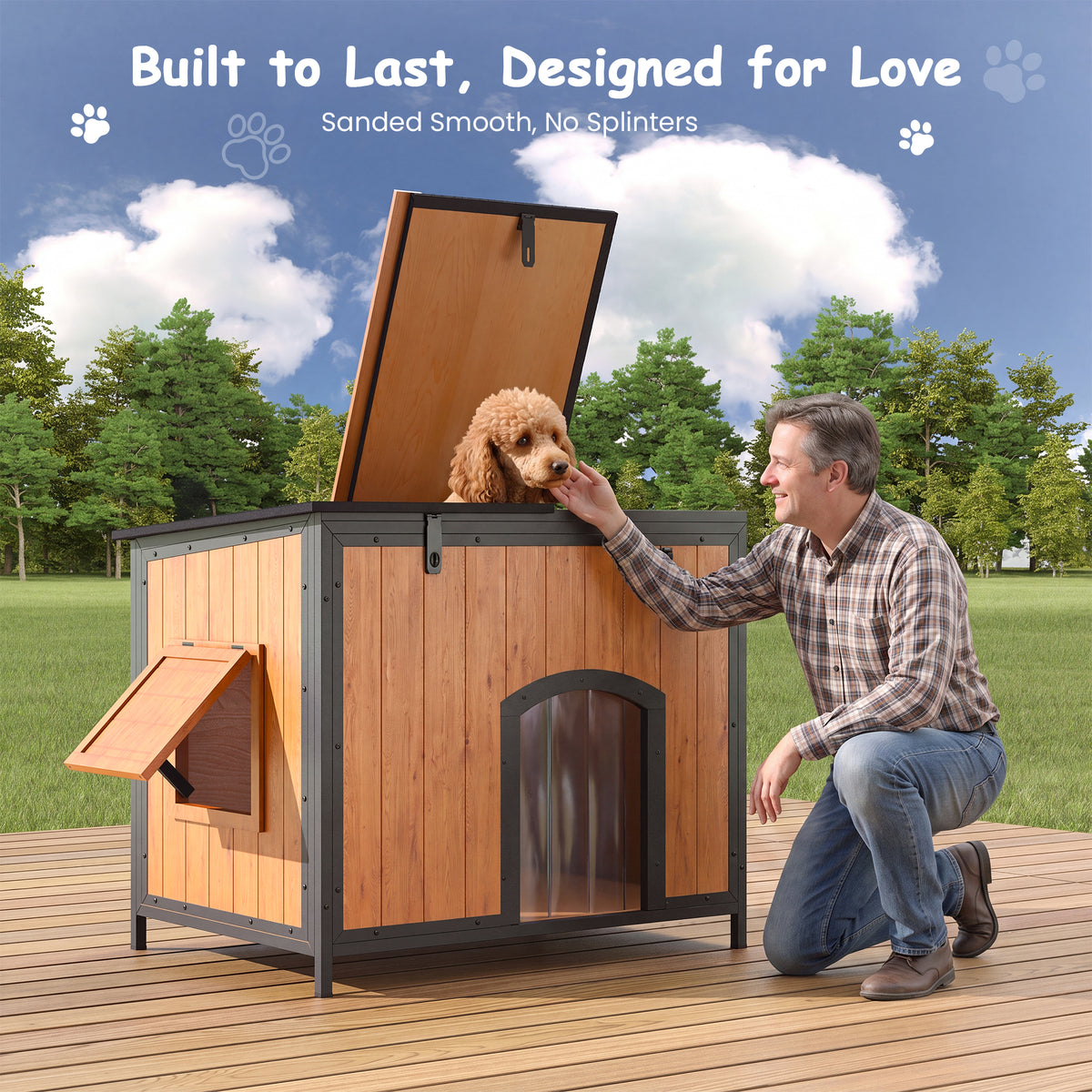Outdoor Insulated Dog House Weatherproof Dog Kennel Dog Shelter Anti-Chewing Full Iron Frame, Openable Roof for Small to Large Dog Breeds