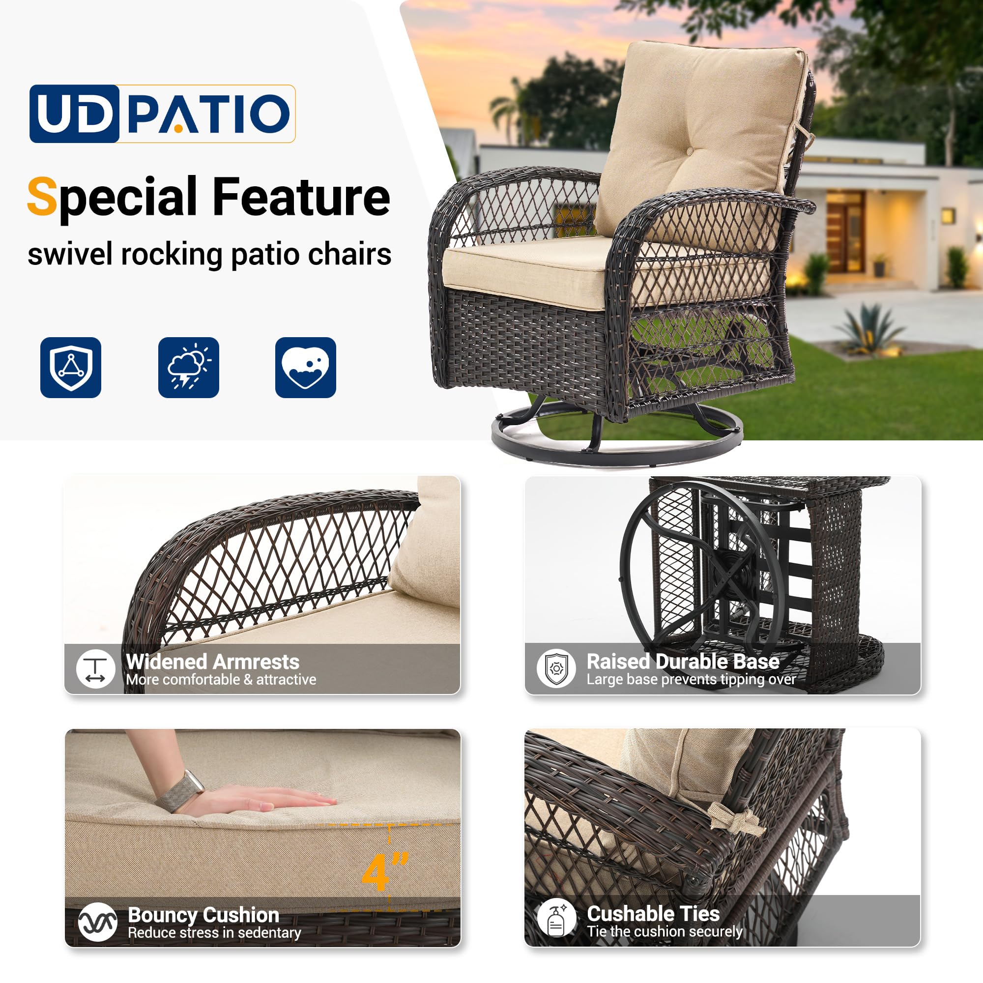 UDPATIO 3 Pieces Patio Furniture Set, Outdoor Swivel Rocker Patio Chairs Set of 2, All-Weather PE Wicker Glider Chairs with Thick Cushions and Glass Coffee Table，for Porch Deck Backyard