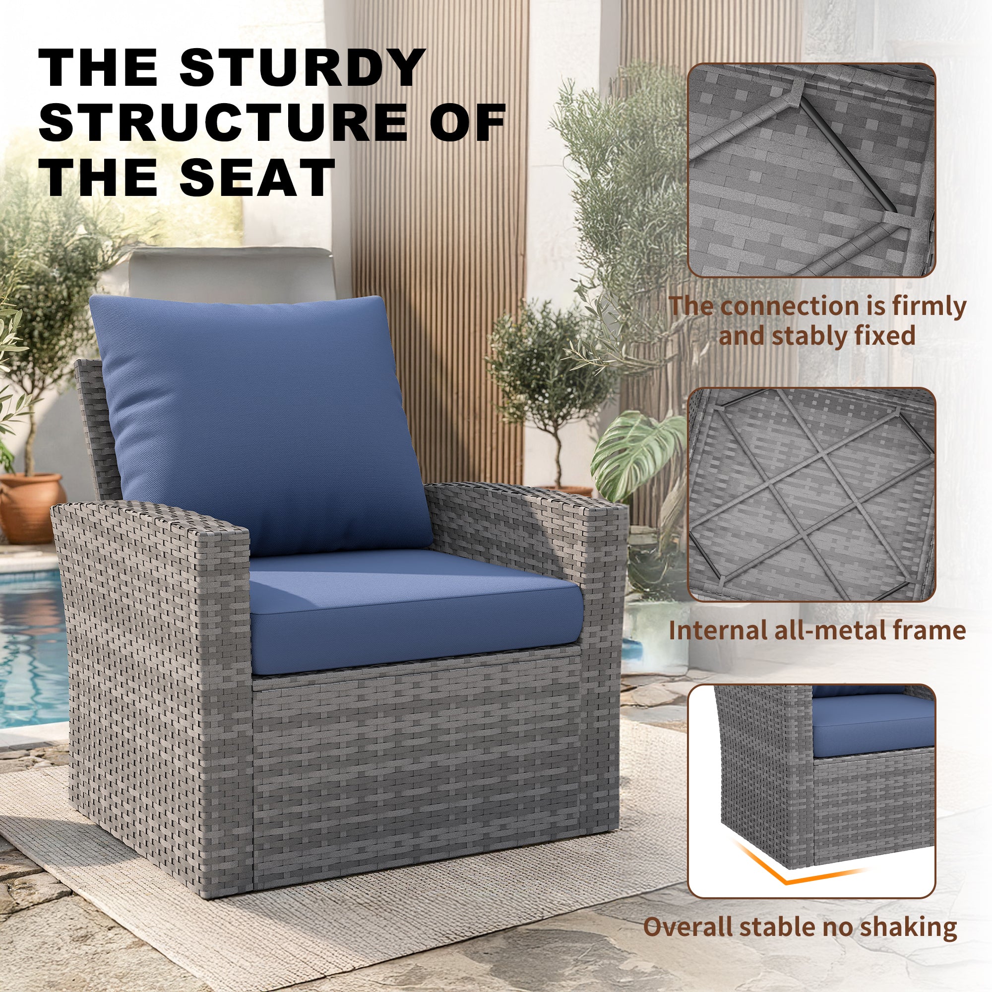 UDPATIO Wicker Patio Furniture Set，Gray PE Rattan Patio Sofa Set with coffee table，Outdoor Sectional Conversation Sets for Balcony, Porch, Backyard, Navy