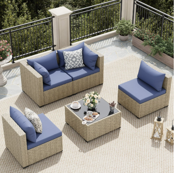 UDPATIO 5 Pieces Outdoor Patio Furniture Set, Outdoor Wicker Patio Conversation Set with Cushions for Backyard, Porch, Garden(Haze Blue)