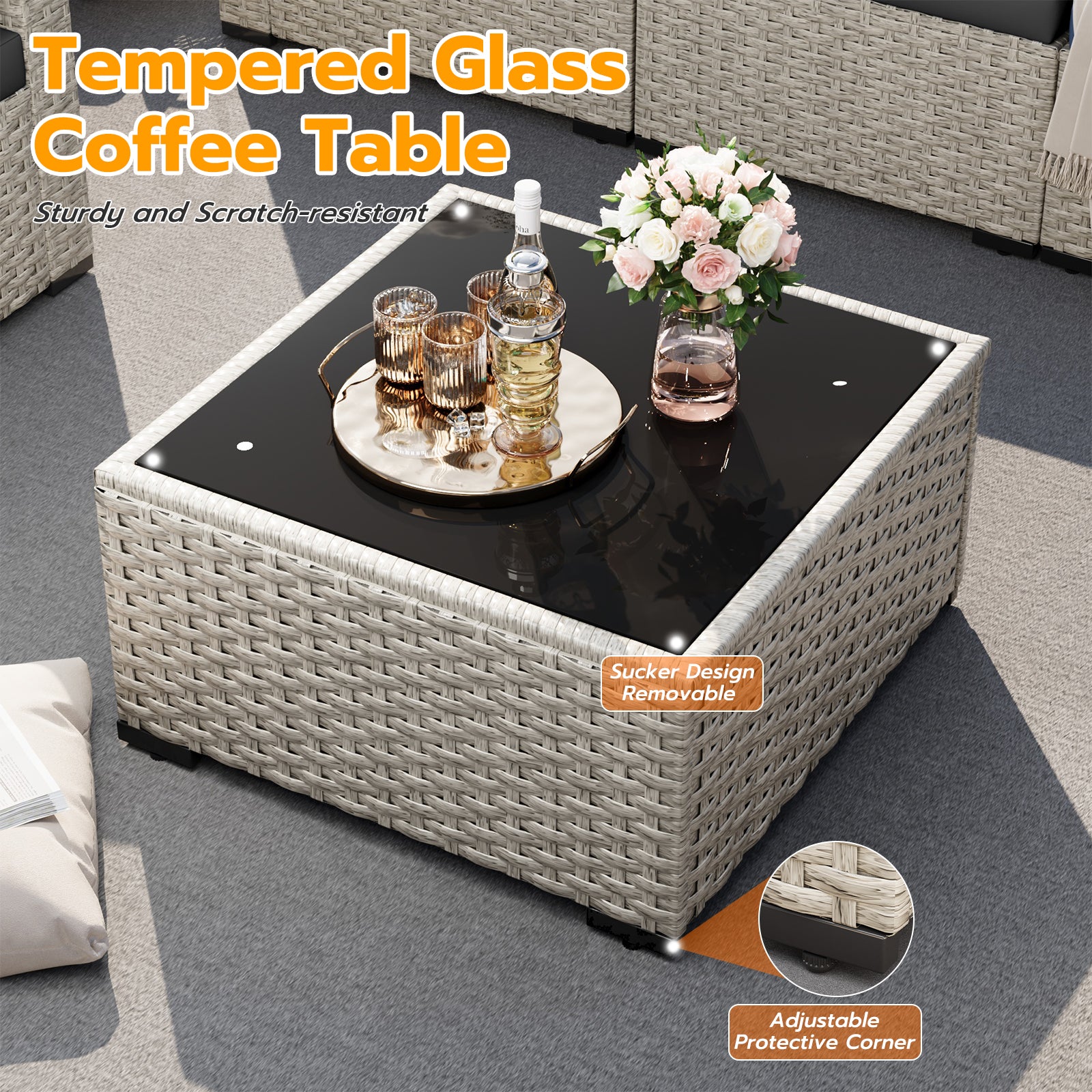 UDPATIO Outdoor Patio Furniture Set, 7-Piece PE Wicker Sectional Sofa with Tea Table, Outdoor Conversation Set for Patio, Garden, Backyard Black