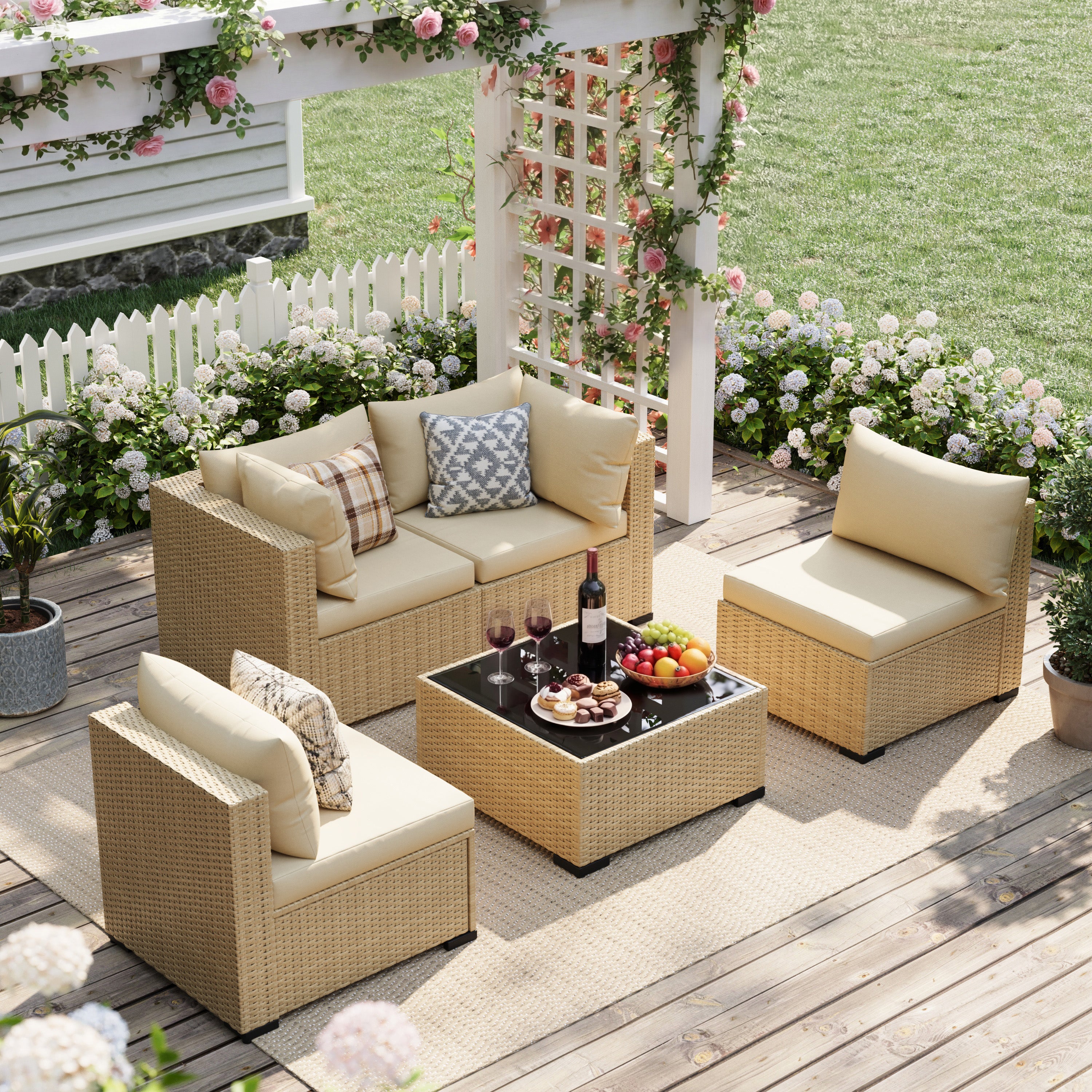 UDPATIO 5-Piece Wicker Modular Sectional Outdoor Conversation Sets with Glass Coffee Table, Yellow&Beige