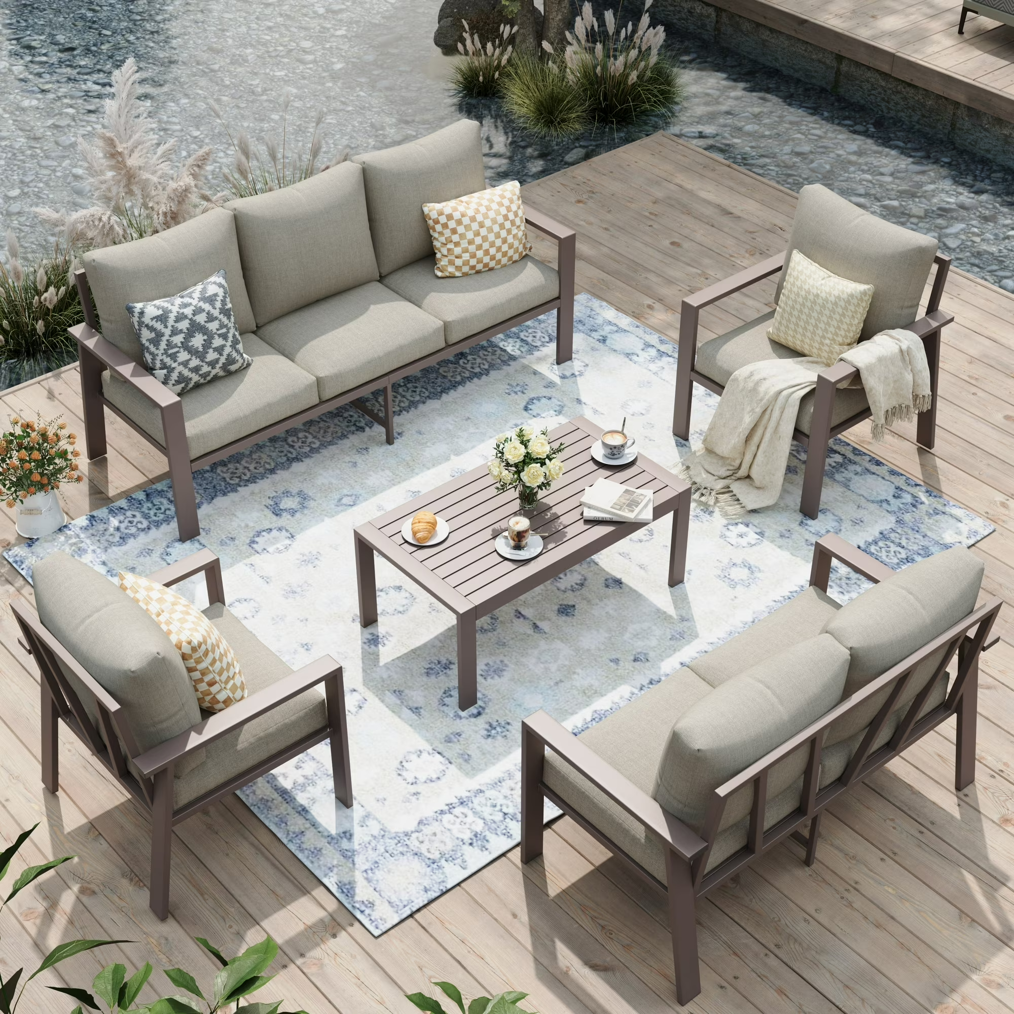 UDPATIO Aluminum Patio Furniture Set, Contemporary Outdoor Couch Set, Aluminum Patio Conversation Set, Beige