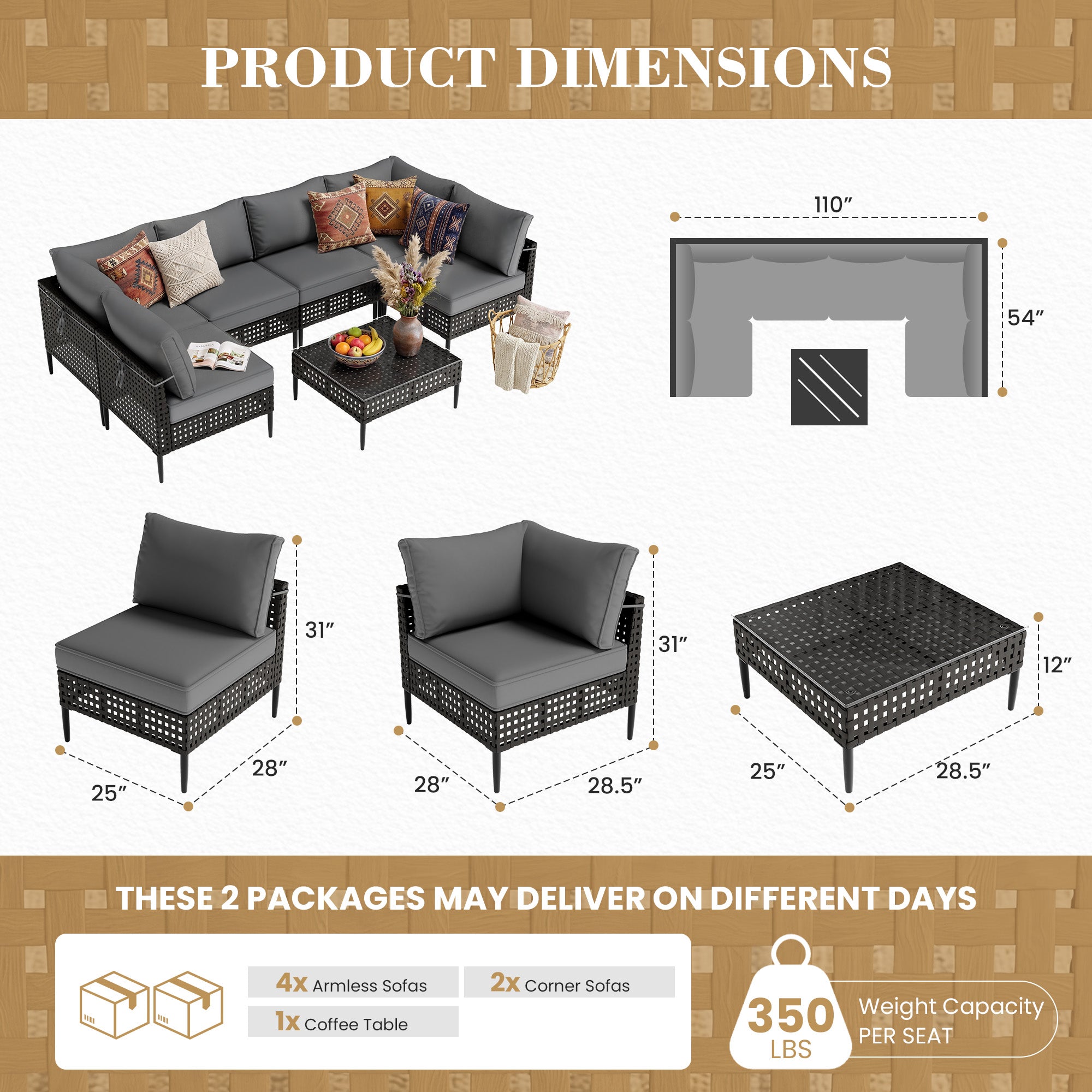 UDPATIO Wicker Patio Furniture Set with Sectional Sofas, All-Weather Cushions and Coffee Table, Bohemian Style and High-Leg Design for Garden, Deck, Poolside (Dark Gray/7 Piece)