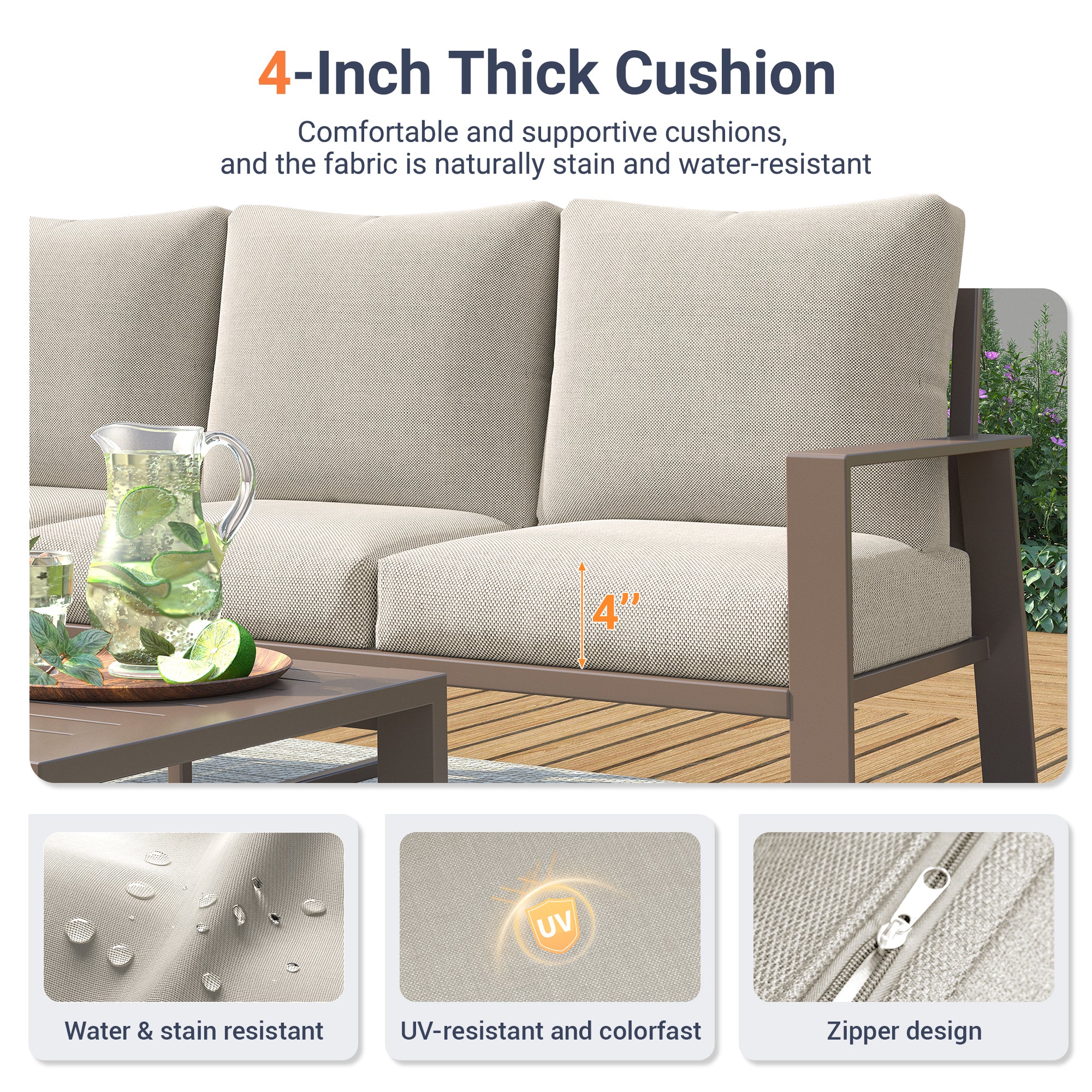 UDPATIO 5 Pieces Aluminum Patio Furniture Set, 7-Seat Metal Outdoor Furniture Set with 4" Water-Resistant Cushion & Coffee Table,  Patio Conversation Sets for Porch, Deck, Garden